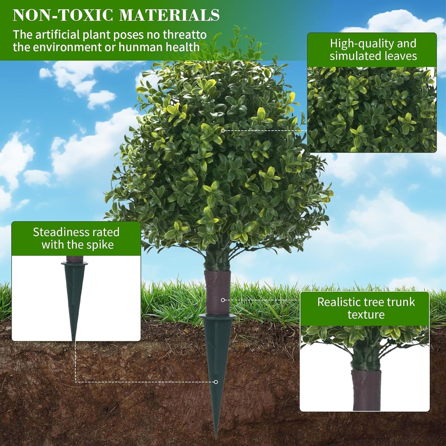 20" Artificial Boxwood Topiary Balls Trees with Ground Spike, 2 Pack UV Resistant Artificial Shrubs, Fake Evergreen Artificial Plant Brush for Indoor Outdoor Front Porch Garden