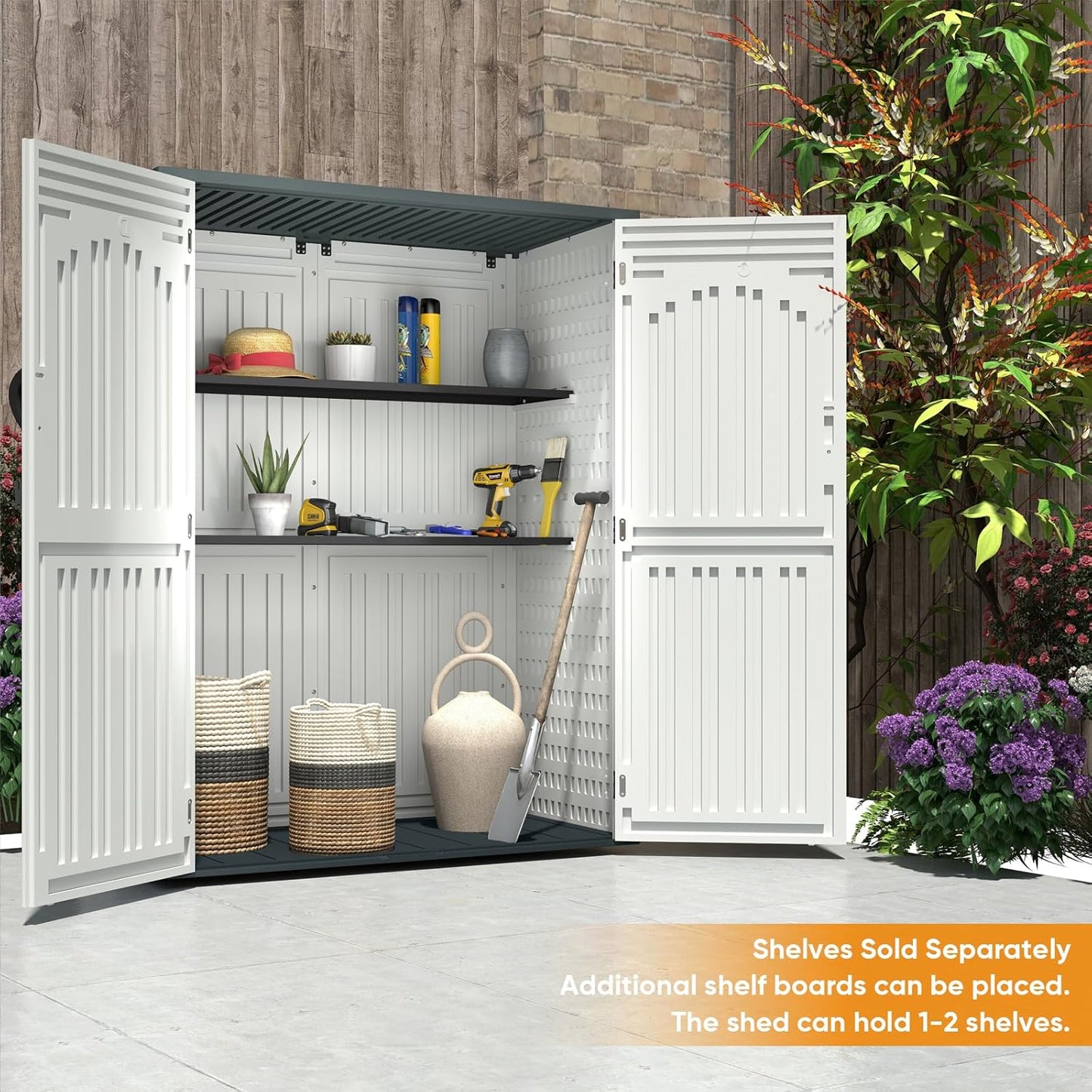 4.5 x 5.7 FT Outdoor Storage Shed, 59 Cuft Outside Waterproof Storage Cabinet, HDPE Resin Plastic 385 Gallon Outdoor Storage Container, Vertical Lockable Storage Shed, Light Grey