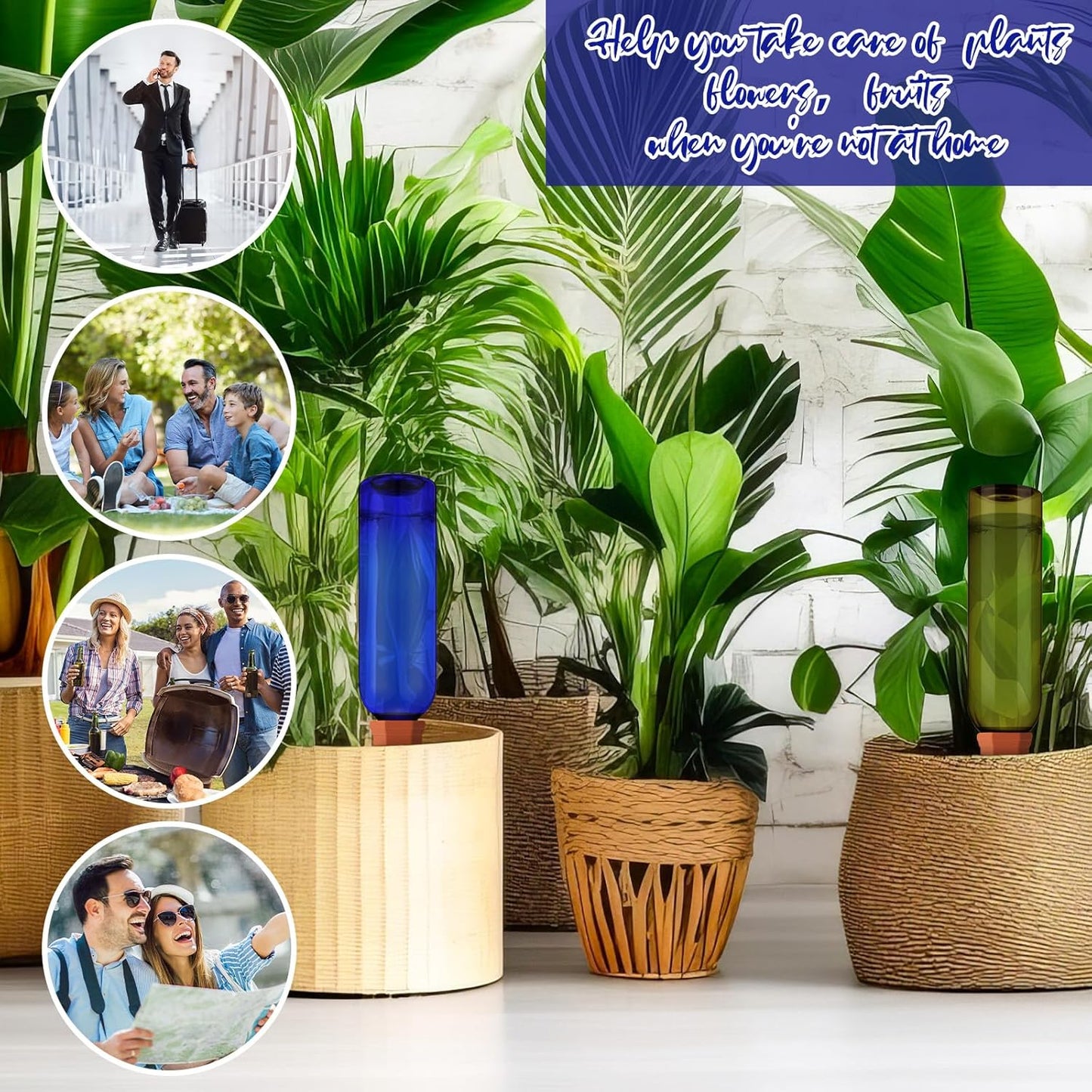 6 Sets Plant Watering Devices Include Terracotta Self Watering Spikes and 26 oz Plastic Bottles, Slow Release Vacation Insert Automatic Plant Waterer Device (Blue Green and Terracotta)