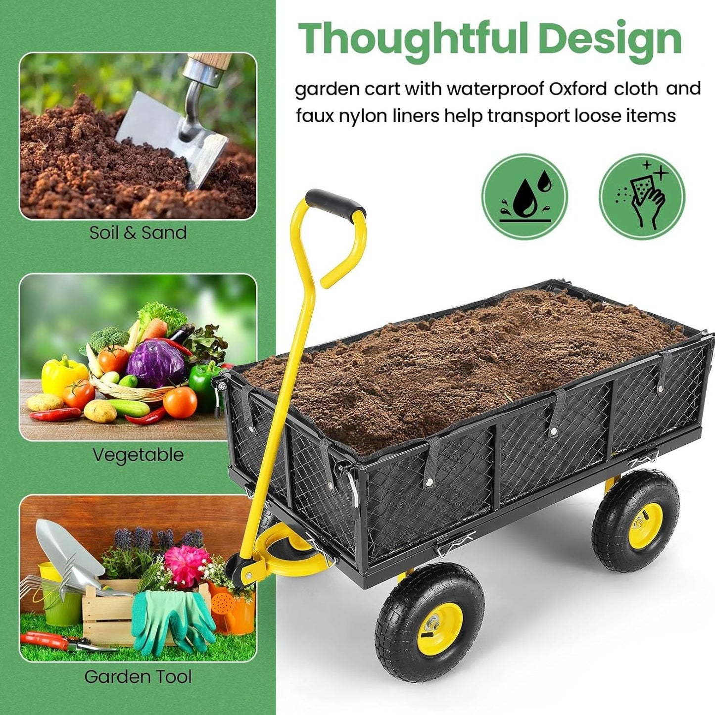 Homdox MAX 880 Lbs Garden Cart, Heavy Duty Foldable Mesh Steel Garden Wagon with 180° Rotating Handle and 10 Inch Tires, Pullable Yard Cart for Yard Garden Beach Farm, Yellow with Bag