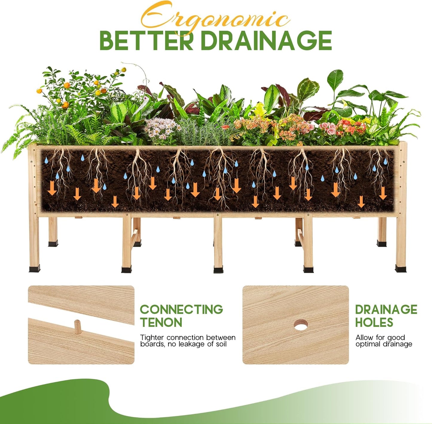 Amerlife 8x2 Ft Raised Garden Bed, 16 Inch Depth Featuring Legs, Drainage Holes, Ideal for Vegetables, Flowers, Herbs, Elevated Wood Planter Box for Balcony, Patio, Backyard, Easy Assembly