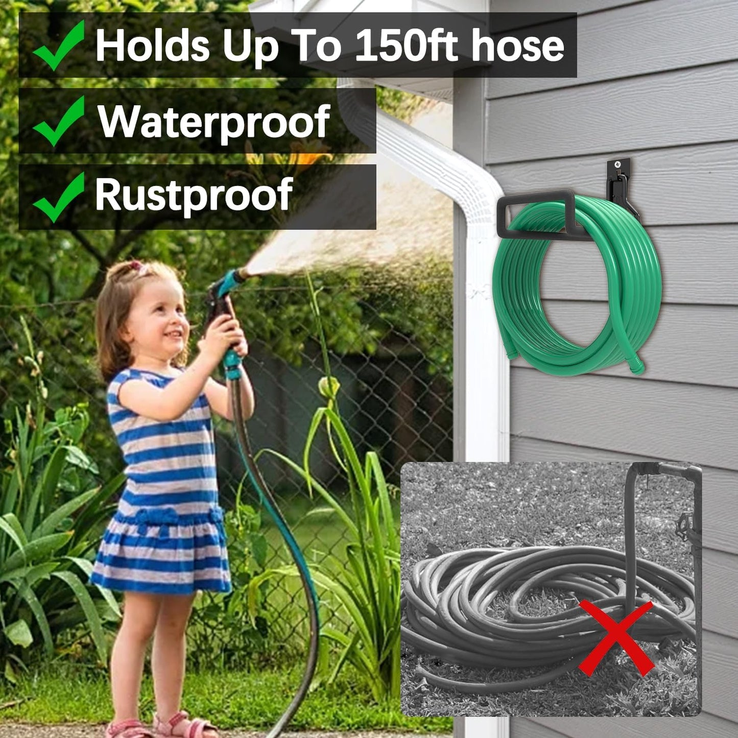 3-H Garden Hose Holder Wall Mount 2 Pack,Solid Steel Hose Hanger wih Extension Strap,Water Hose Holders for Outside to Hang Outdoor Air Hose,Ropes,Pipes,Power Tools,Ladders,Bikes,Bulk Items