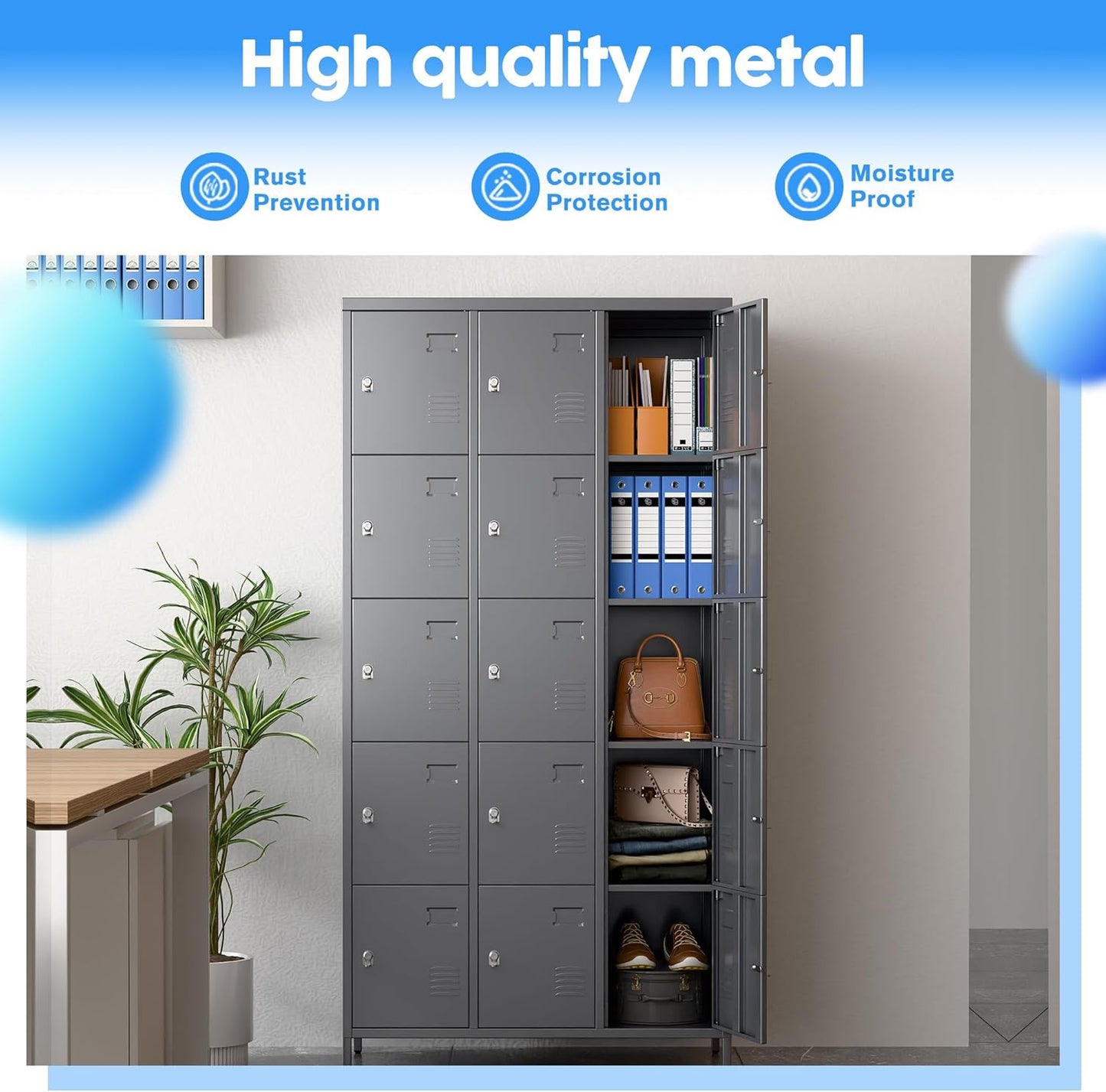 15 Doors Metal Lockers for Employees with Lock,Metal Locker with Card Holder for School Garage Office Gym Bedroom,Assembly Required,15 Door Dark Grey