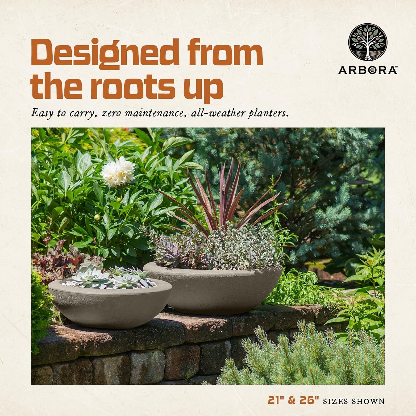 ARBORA 21" Santorini Bowl 2-Pack with Classic Cream Finish - Polyresin Indoor and Outdoor Planter2, Durable, Weatherproof, Lightweight, Large Plant Pots for Patio, Garden, Deck, Entryway