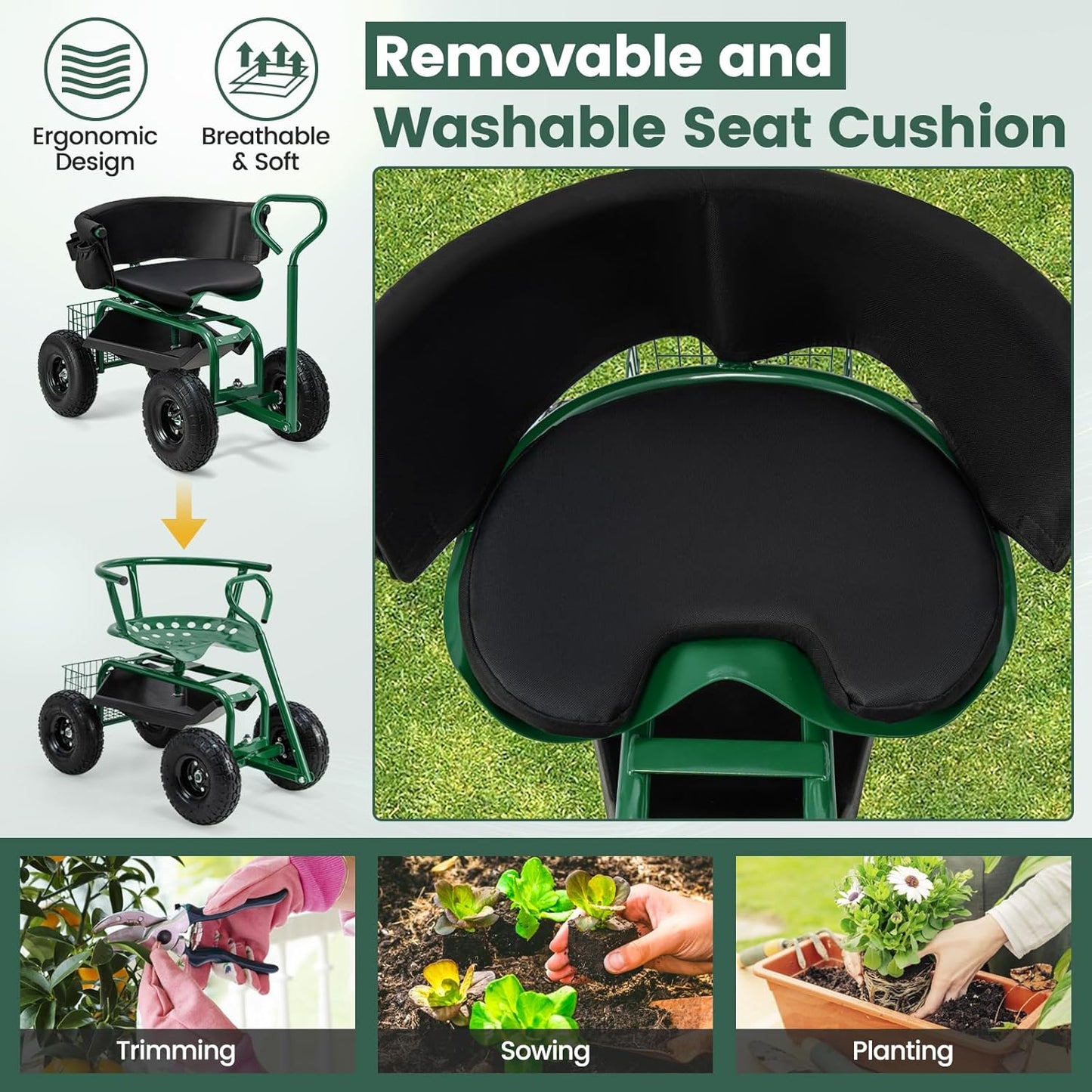 Goplus Garden Seat with Wheels, Rolling Gardening Stool with Adjustable 360° Swivel Seat, Tool Tray & Storage Basket, Extendable Handle, Outdoor Gardening Scooter, Garden Cart Workseat for Seniors