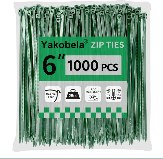 Green Zip Ties 6", 1000 Pack, Cable Ties UV Resistant, Wire Ties 25 lbs Tensile Strength for Garden, Plants, Holiday Lights, Yakobela
