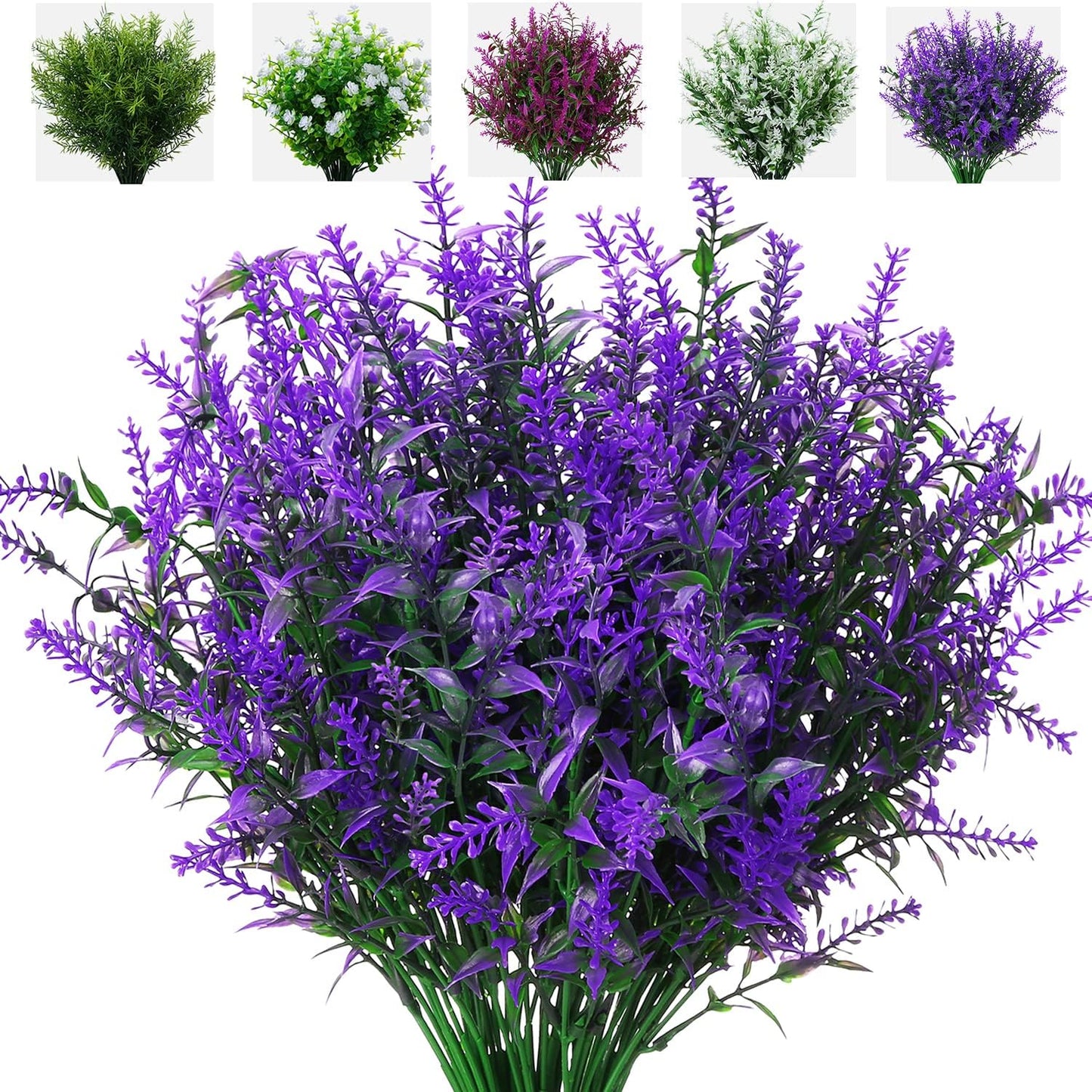 8 Pack Artificial Plants Flowers Grass Shrubs Lavender No Fade Faux Plastic Flowers Outdoor for Farmhouse Garden Porch Patio Indoor Wedding Decoration Greenery Fake Plants uv Resistant