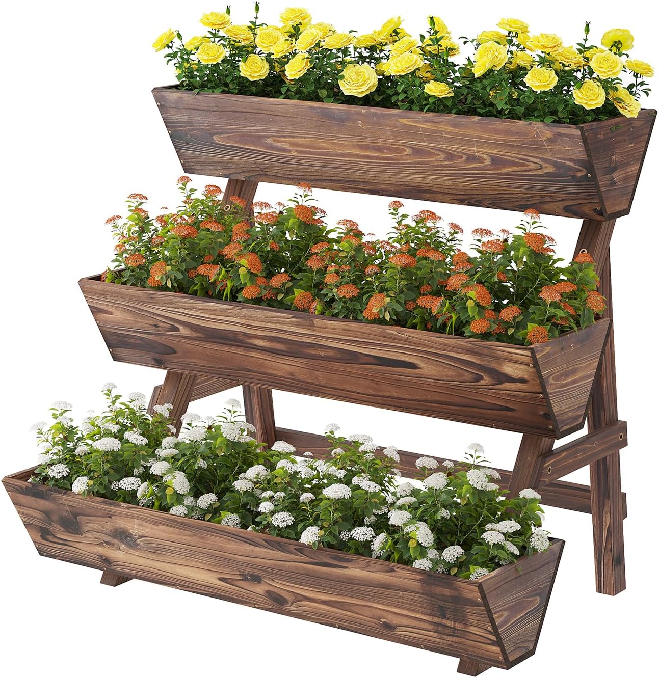 3-Tiers Wooden Raised Garden Bed Tiered Planter Box Vertical Garden Planter Wood Plant Stand for Patio, Balcony, Freestanding (Carbonized L)