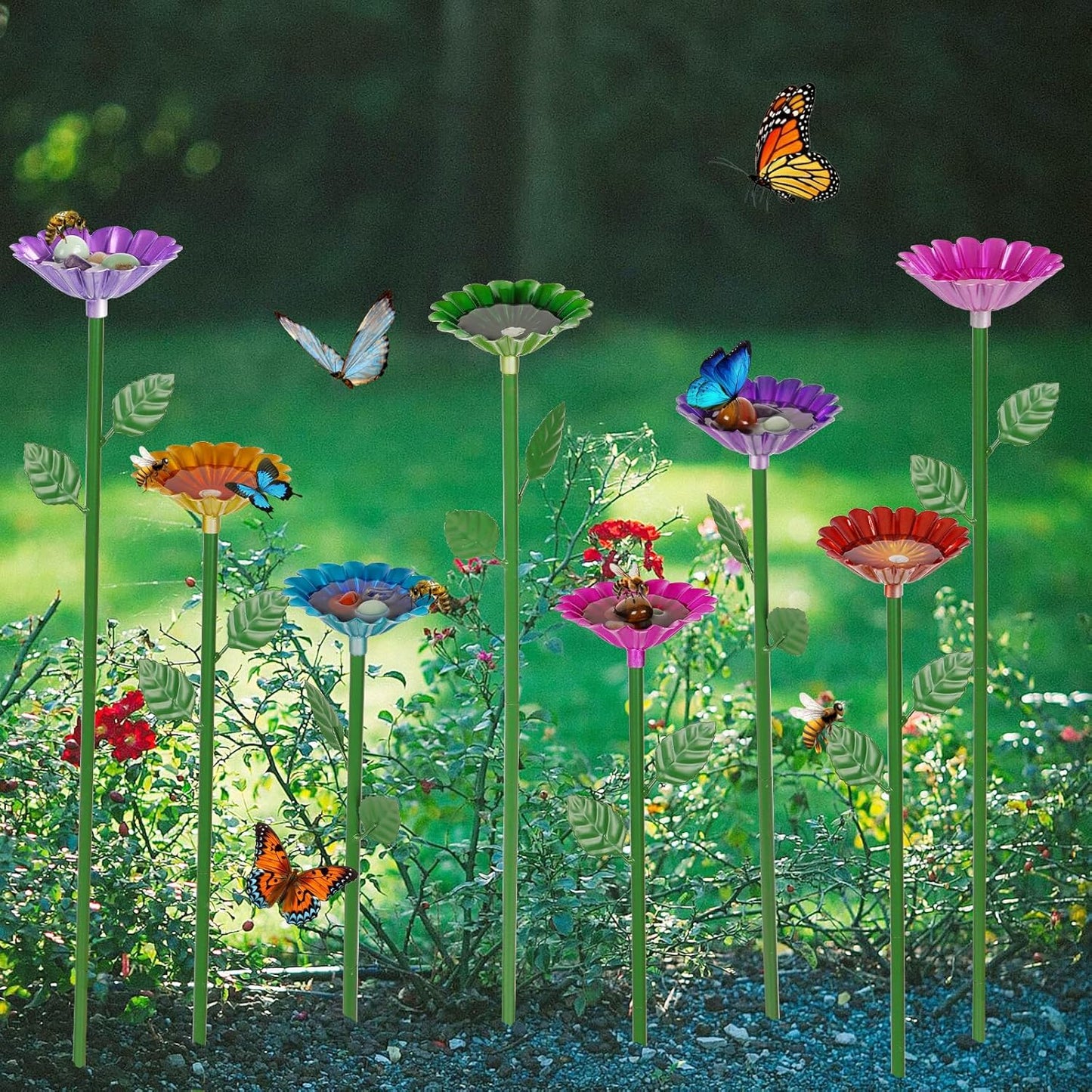 8 Pack Bee Watering Station, Bee Bath for Garden Metal Bee Water Feeder with Flower Design, Colorful Butterfly Bee Bath Bowl for Outdoor Garden Yard Decor