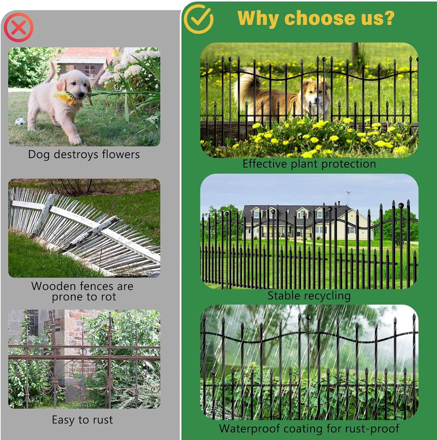 8 Panels No Dig Decorative Garden Fence, 40in(H)×17.6ft(L) Heavy-Duty Rustproof Metal Panels, Outdoor Dog Barrier for Yard & Patio, Landscape, Border| Portable Temporary Fencing