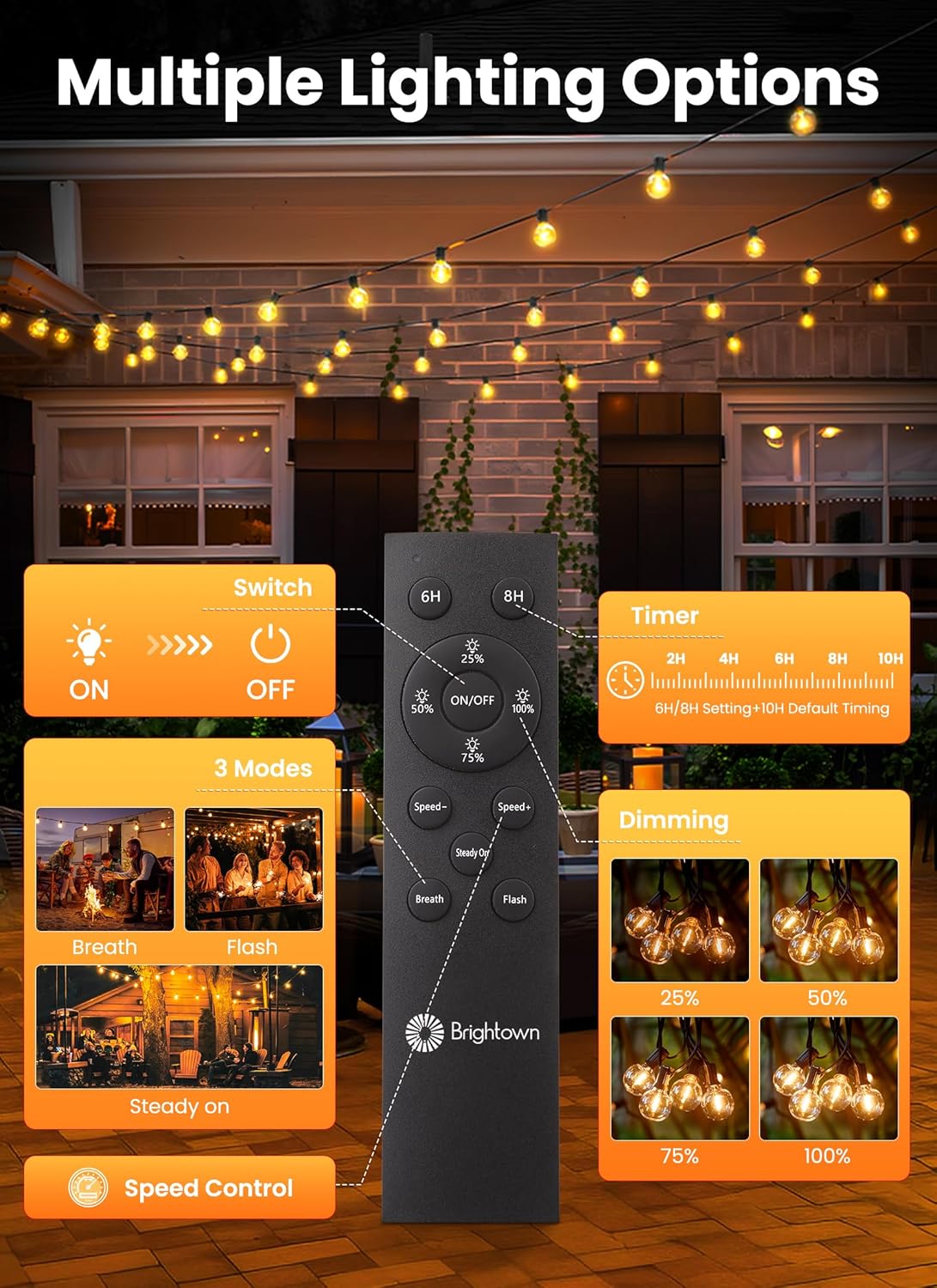 Brightown 58FT Solar String Lights Outdoor with Remote and 26 LED Shatterproof Bulbs, Dimmable & Timable, 3 Light Modes, Solar Patio String Lights Outdoor for Cafe, Garden, Deck, Outside Wedding