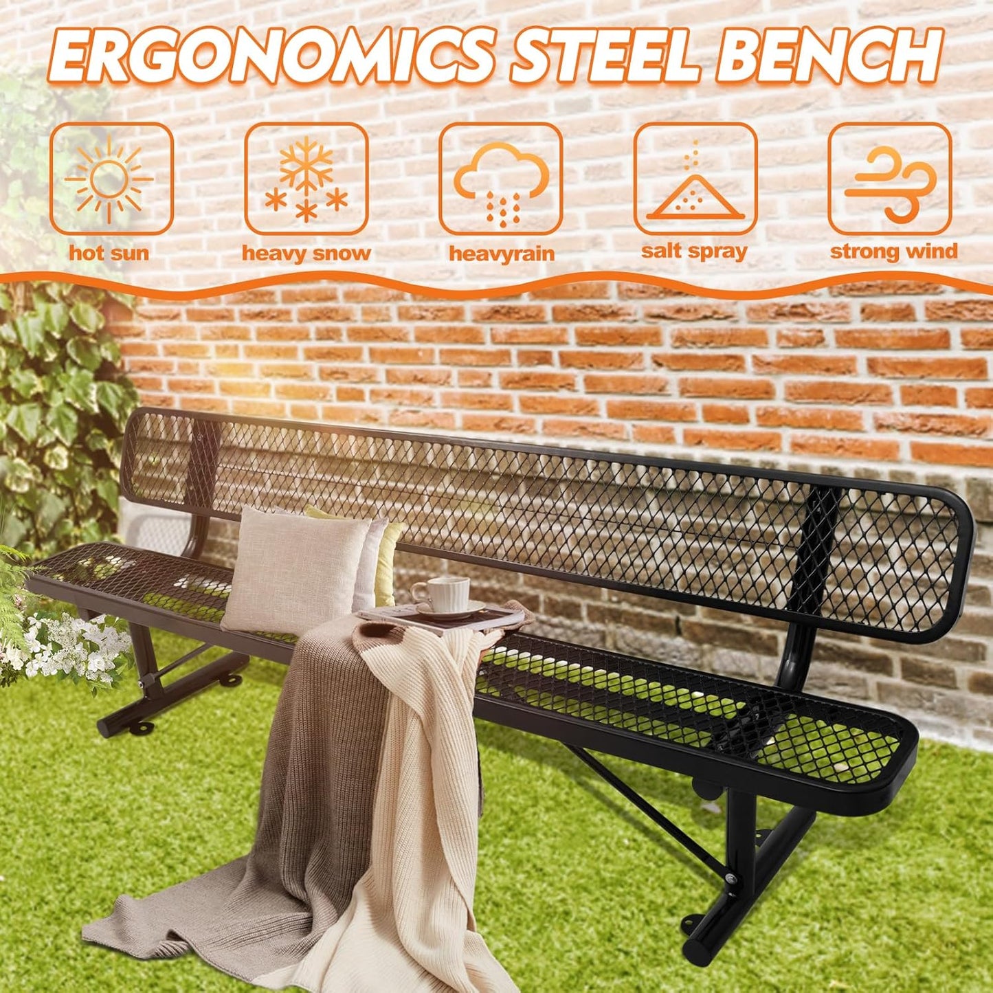 8Ft Heavy Duty Park Bench with Back Portable Frame, Outdoor Steel Bench with Backrest, Expanded Metal Mesh Bench for Lawn, Park, Deck, Garden, Patio, Porch, Black