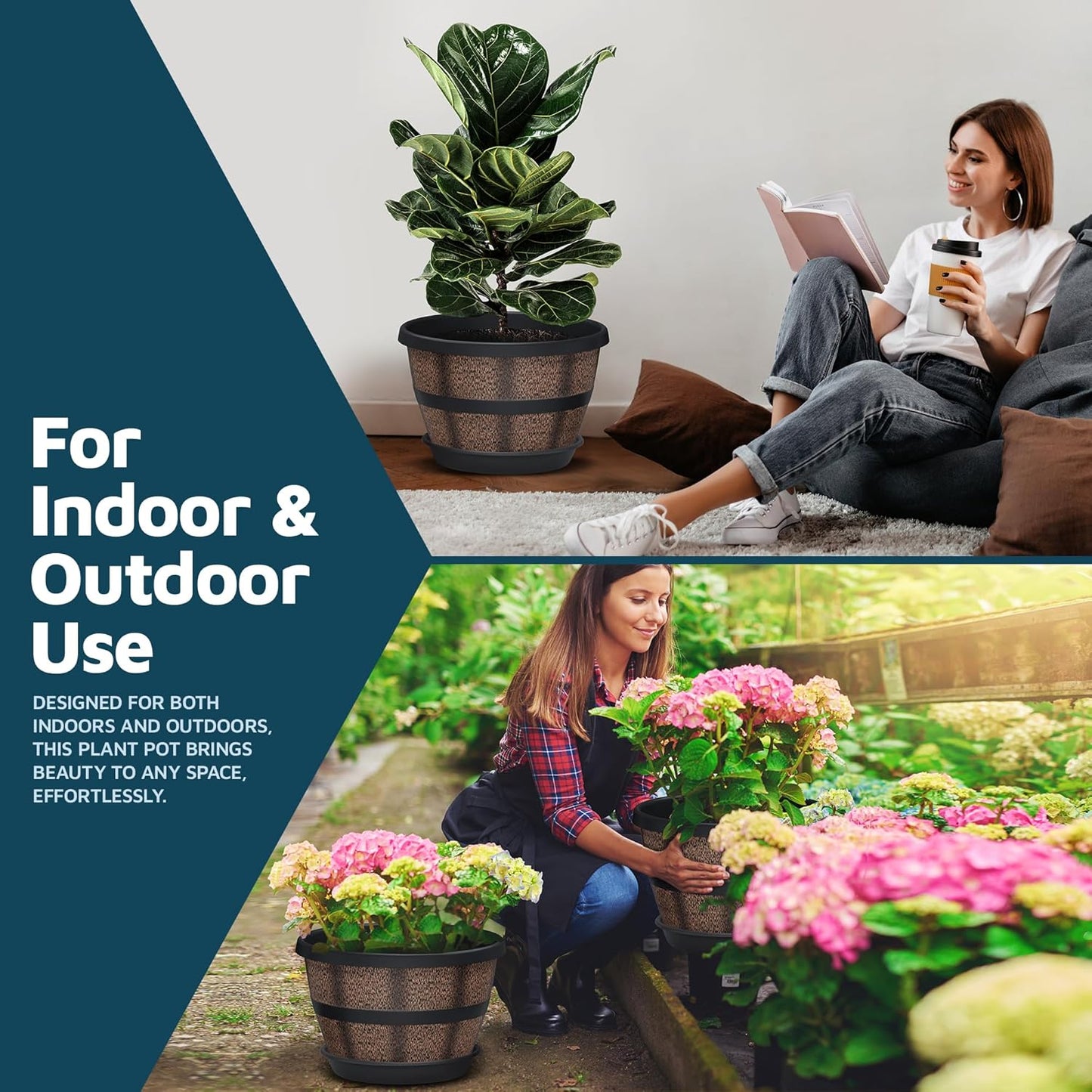 10-Inch Whiskey Barrel Planters Outdoor Pack of 6, Plastic Decoration Plant Pots for Indoor & Outdoor Use with Drainage & Saucer, Rustic Garden Planters for Flowers, Small Plants & Herbs