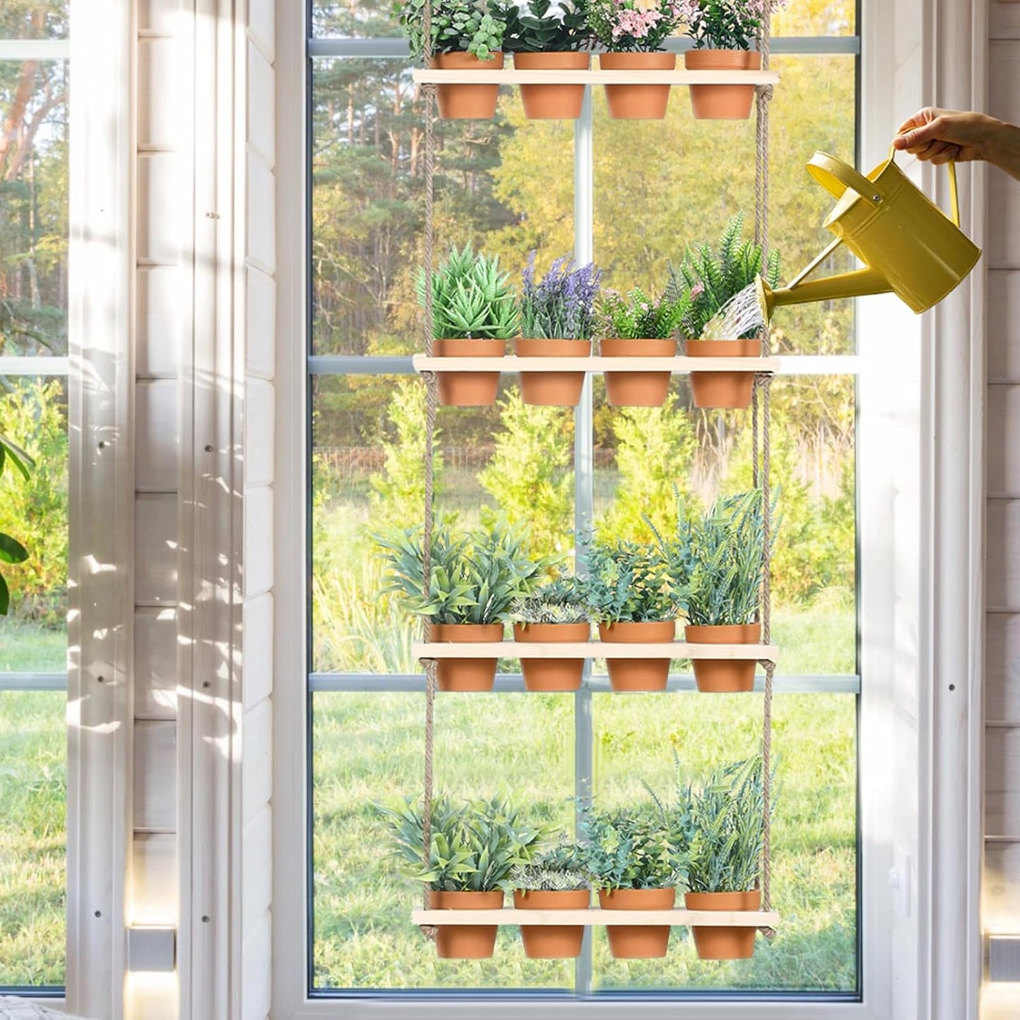 4 Tiered Window Plant Shelves Hanging Herb Planter Indoor Display with 16 Pcs Flower Pots Wood Window Plant Hanger for Grow Herbs Succulents Microgreens Seedling Organization