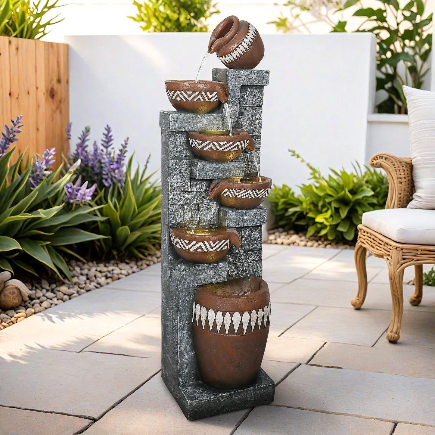 56.6" H 6-Tier Outdoor Water Fountain with LED Lights - Tall Cascading Jars Waterfall Feature with Tribal-Inspired Design for Garden, Patio, Yard, and Home Décor