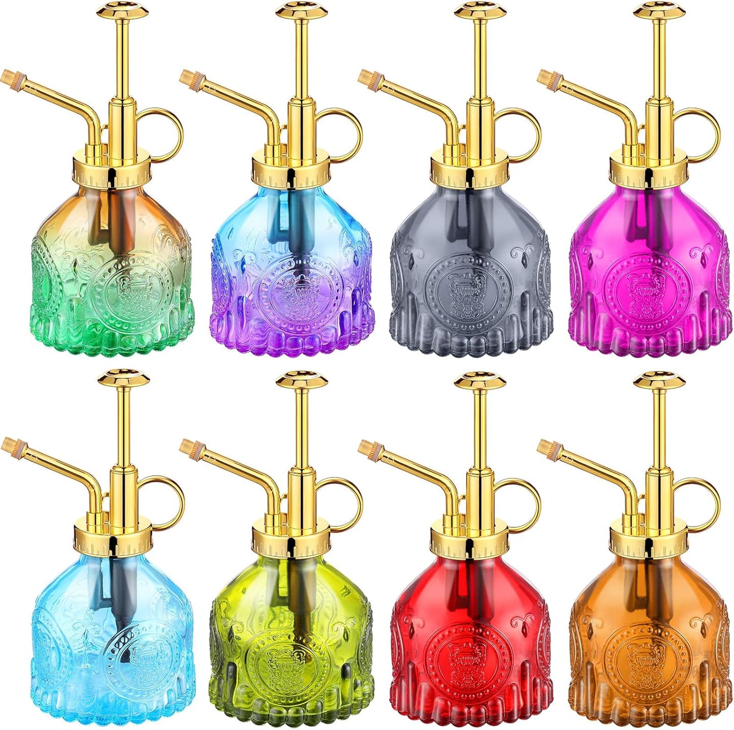 8 Pcs Glass Plant Mister Spray Bottle 200ml Vintage Plant Spritzer Multicolor Succulent Watering Bottle Watering Can 6.4'' with Plastic Top Pumps for Indoor Outdoor Succulents Garden Plants (Gold)