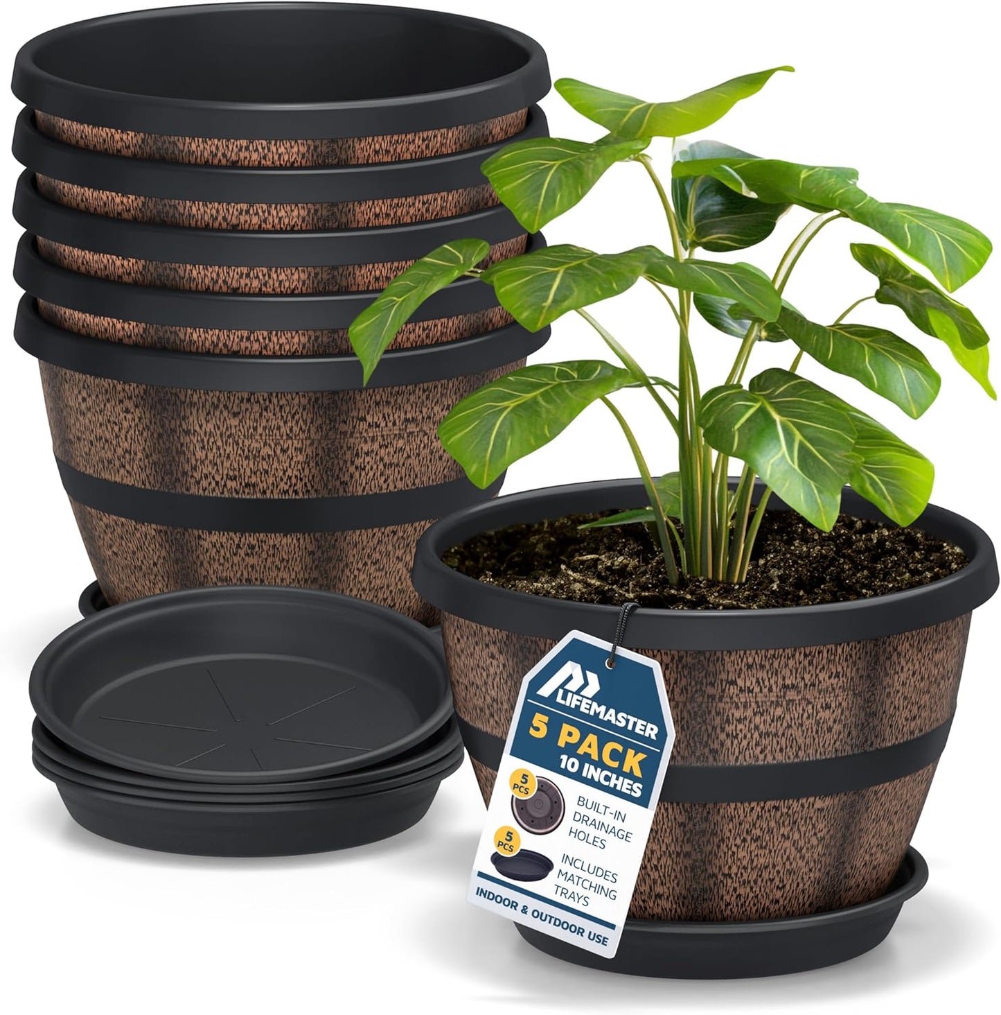 10-Inch Whiskey Barrel Planters Outdoor Pack of 5 - Durable Plastic Plant Pots for Indoor & Outdoor Use with Drainage & Saucer, Lightweight Rustic Barrel Planters for Flowers, Herbs & Small Plants