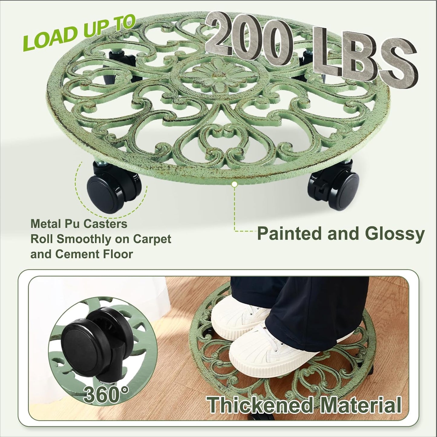 14 Inch Rolling Plant Stand with Wheels Metal Plant Caddy with Wheels Heavy Duty Round Plant Stand Indoor Iron Plants Rollers for Plants, Retro Green Plant Dolly 1 Pack