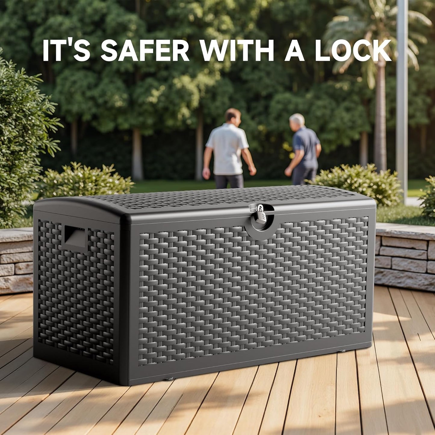 80 Gallon Deck Box, Double Layer Waterproof Resin Outdoor Indoor Storage Box, Lockable & UV Resistant Storage Bin for Patio Furniture, Garden Tools, Pool Accessories (Black)