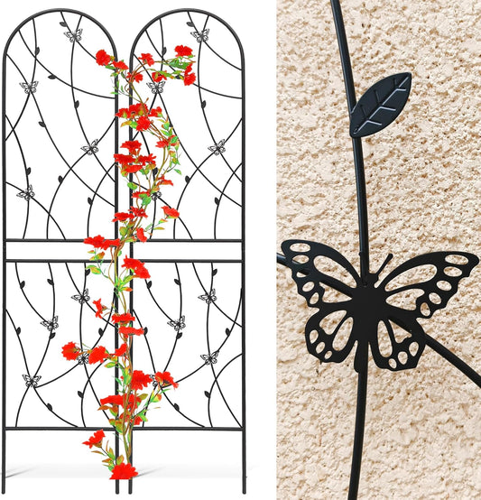 2 Pack Metal Garden Trellis 86.7" Tall Outdoor Climbing Plant Support for Roses, Flowers, Rustproof Durable Black Galvanized Tube, Lawn Garden Fence Decor Screen (2, Black flutter-86.7" H)