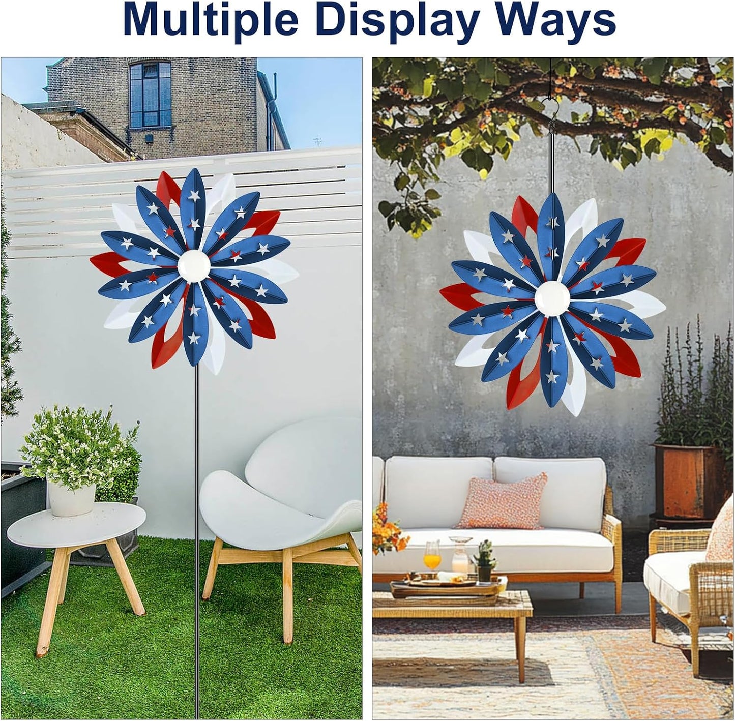 60 inch Kinetic Metal Wind Spinner,Two-Ways Hanging Wind Sculptures with Garden Stake,360 Degrees Kinetic Wind Spinners for Yard and Garden