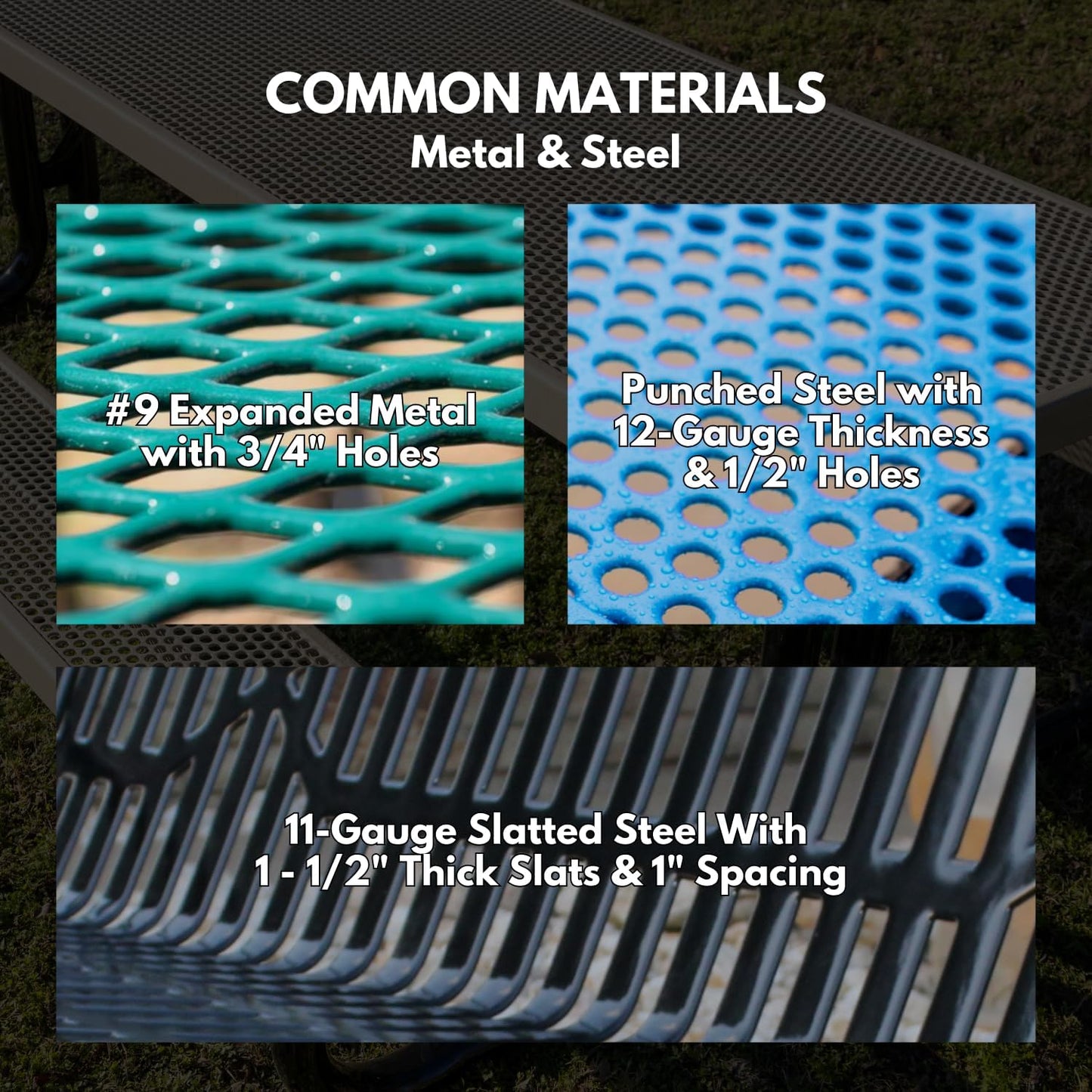 Heavy-Duty Outdoor Bench Thermoplastic Coated, Expanded Metal, Commercial-Grade Garden Bench, Made in America (Portable with Back, 6 Ft, Textured Light Blue)