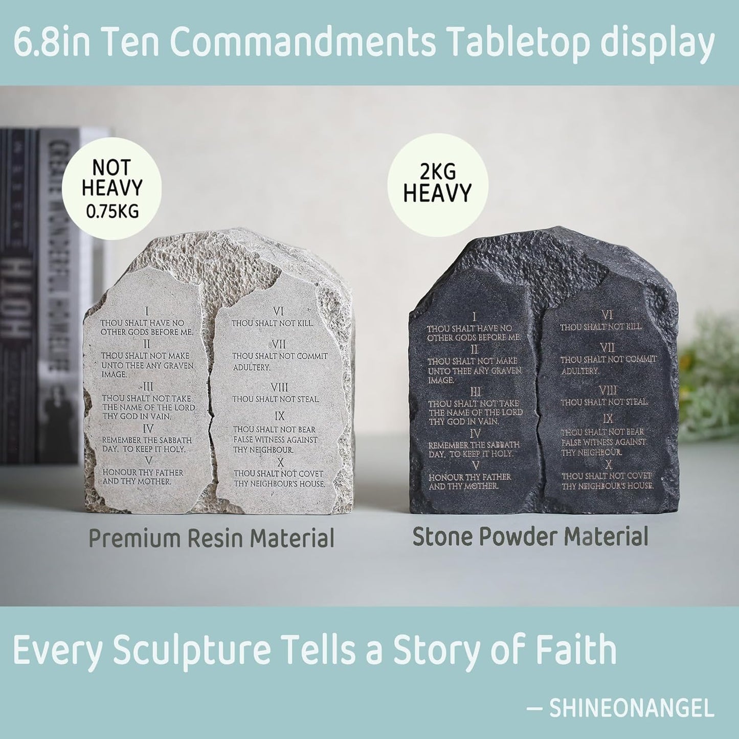 Ten Commandments Tabletop Decor - 6.8-Inch Black Stone Religious Sculpture for Home, Office, or Religious Decor Inspritional Table Decor