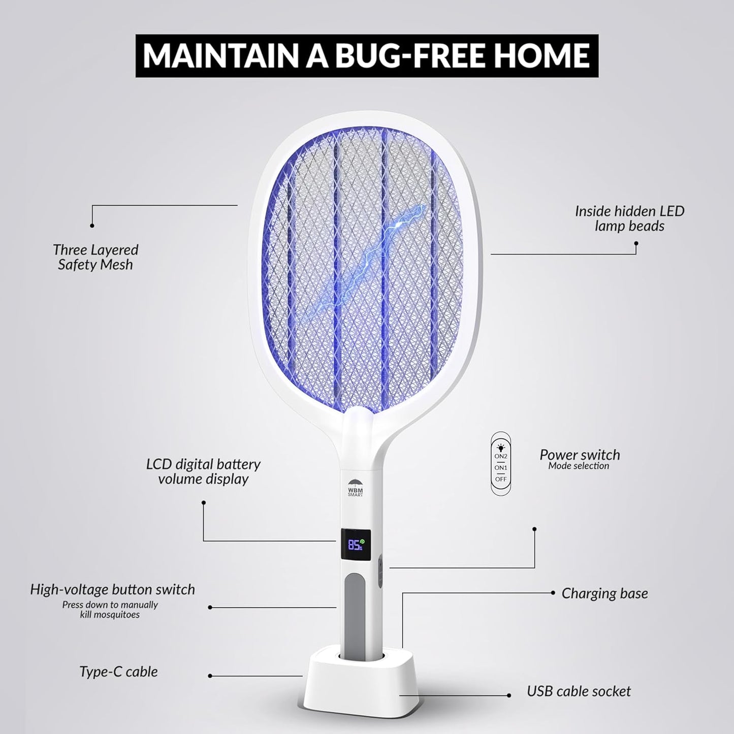 2 in 1 Electric Bug Zapper, Mosquitoes Trap Lamp & Racket, USB Rechargeable Electric Fly Swatter for Home and Outdoor Powerful Grid 3-Layer Safety Mesh Safe to Touch, Pack of 2