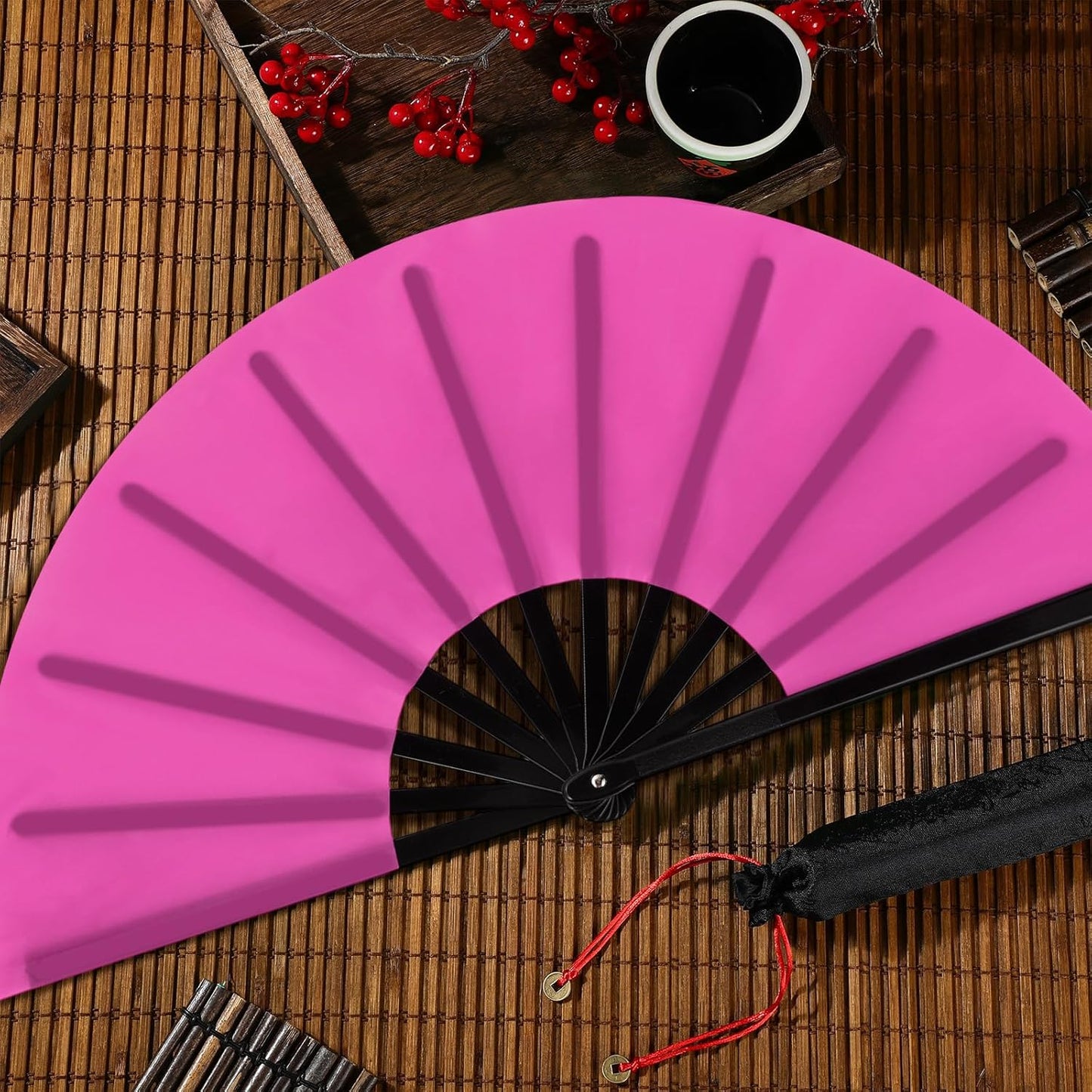 Maitys 2 Packs Large Clap Fans for Line Dancing Large Chinese Folding Hand Fans for Men and Women, Festival, Tai Ji, Kungfu, Martial Art, Gifts (Yellow and Rose Red)