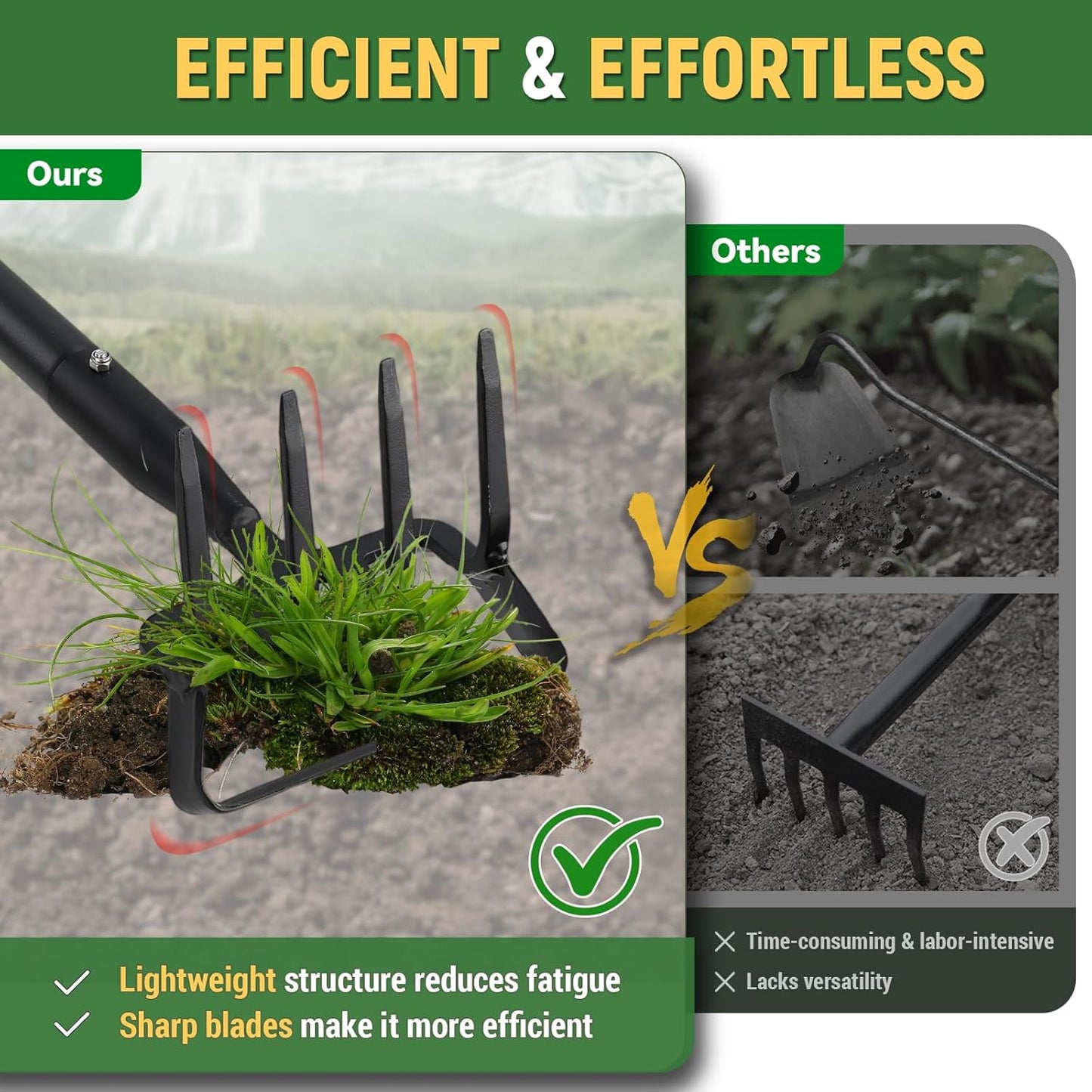 Stirrup Hoe, Heavy Duty Hula Hoe with 32-72" Adjustable Long Handle, 2 in 1 Action Hoe with Cultivator Rake, Scuffle Hoe, Hula Hoe Garden Tool for Weeding Grass, Loosening Soil, Sharp Blade, Black