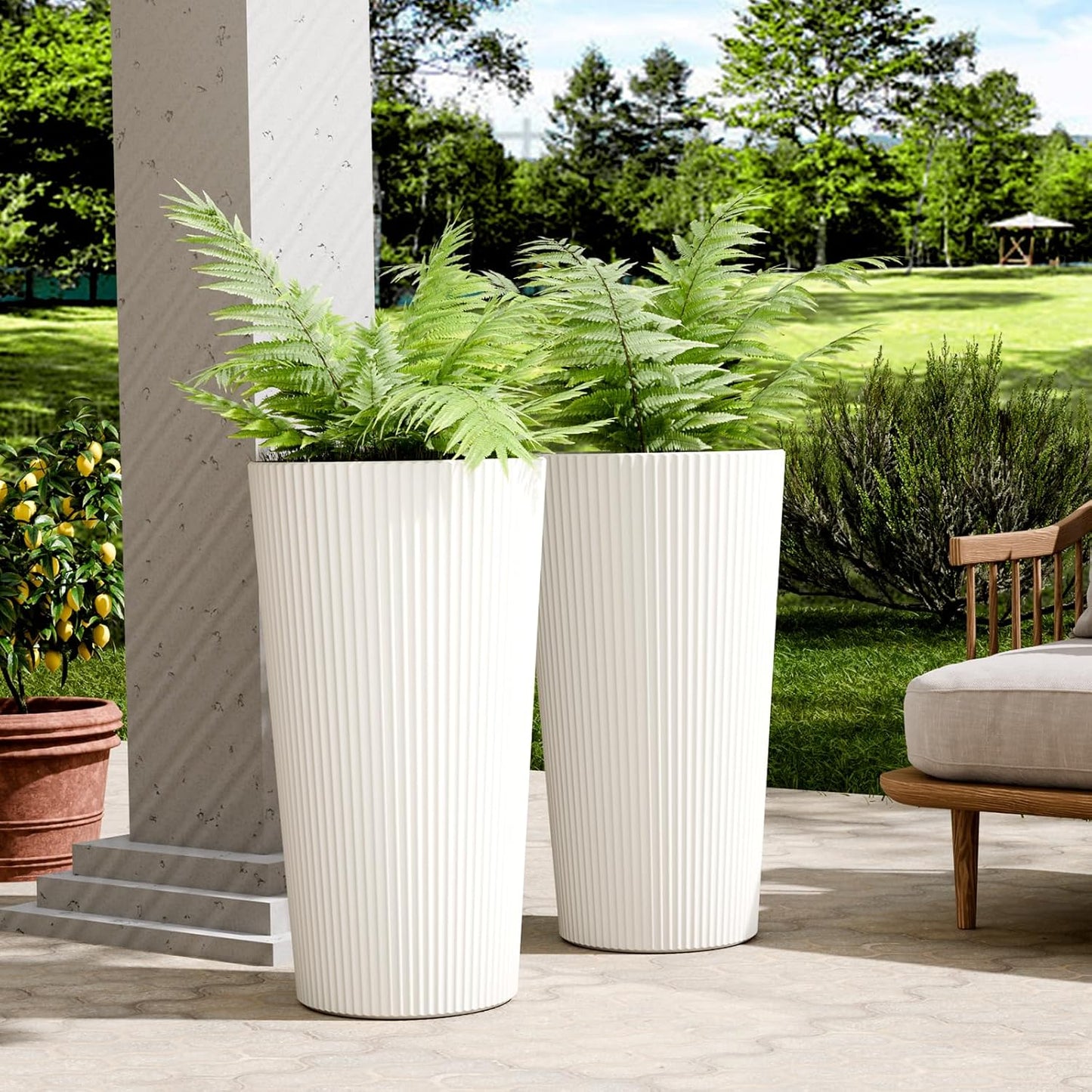 23.6" Tall Outdoor Planters, Set of 2 Large Plastic Flower Pots for Indoor & Outdoor Use, Modern Striped Decorative Garden Planters with Drainage Holes for Patio, Porch, Balcony, White
