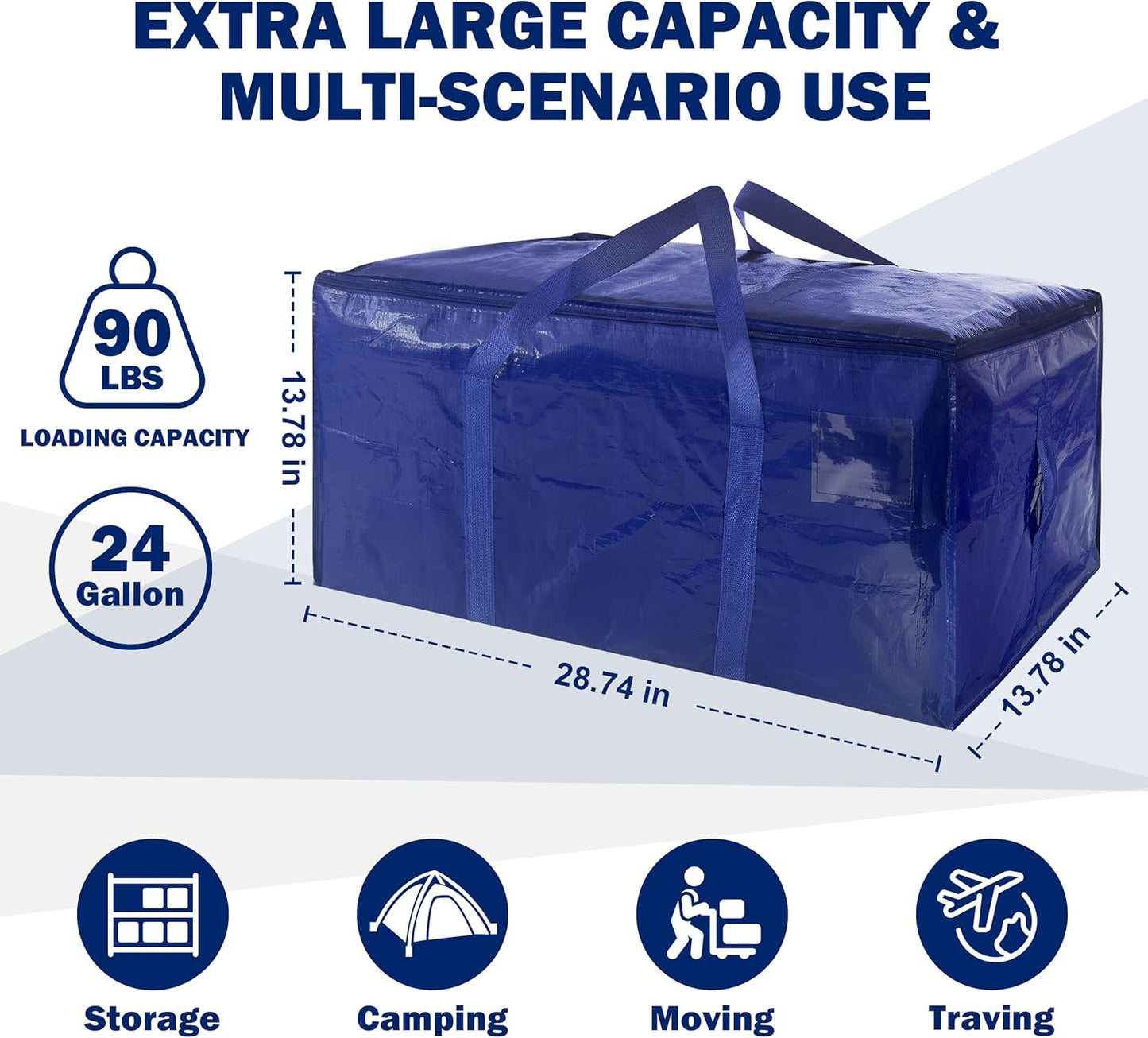4 Pack Extra Heavy Duty Large Moving Bags with Strong Zipper & Carrying Handles, Sturdy Clothes Storage Bags Totes Bins, Packing Moving Boxes College Supplies, Dark Blue - 24 gal