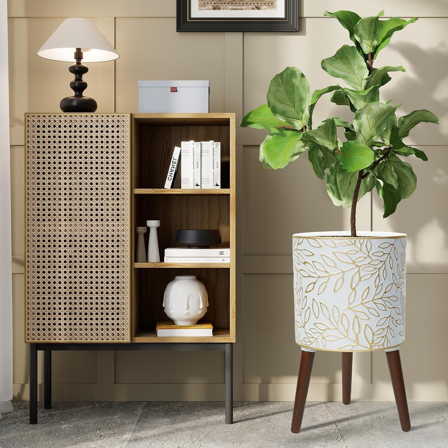 12inch Plant Pots with Wood Planter Holder Indoor Flower Pot with Gold Floral Embossed Modern Planters with Drainage Holes for Living Room, Office, Garden or Balcony