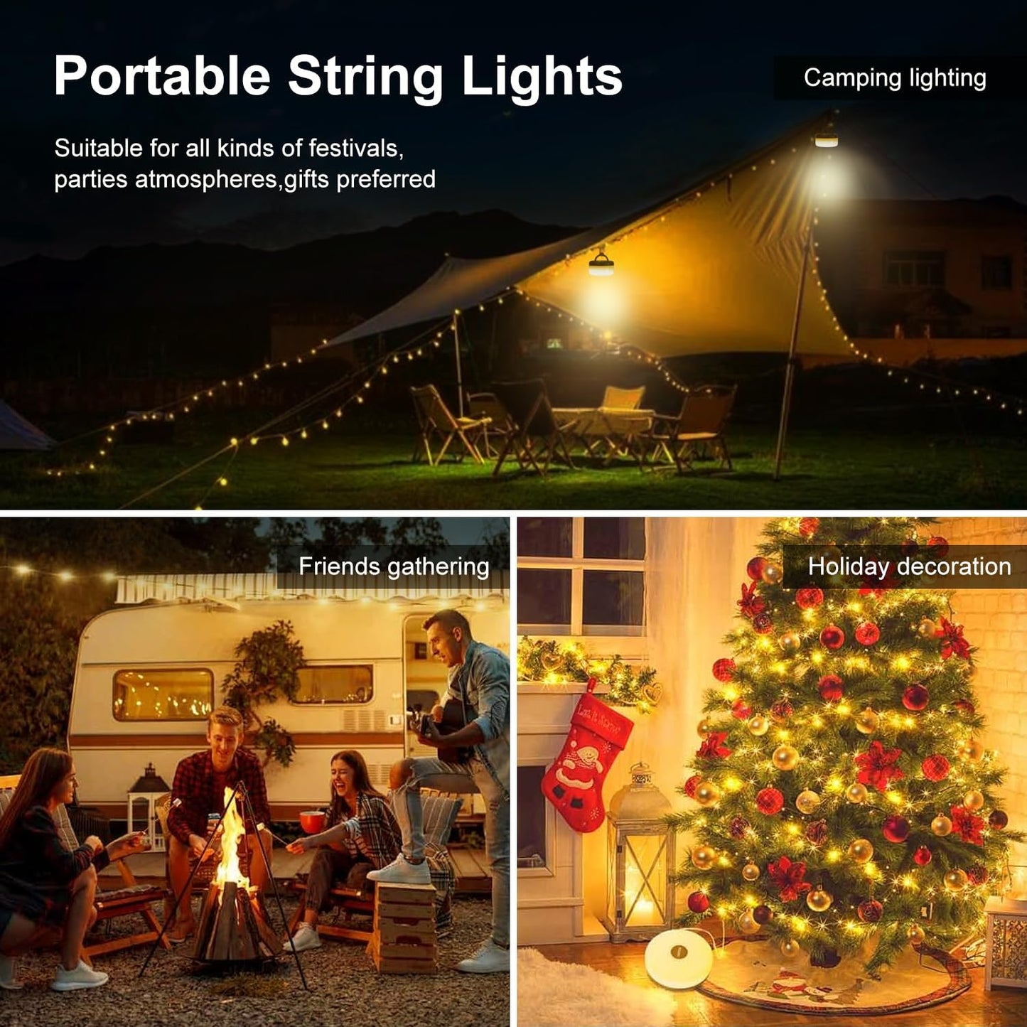Solar Camping String Lights 1-Pack, 2 in 1 Rechargeable Camping Lights with 5 Modes, Waterproof Portable Magnetic LED Light with 3000mAh for Outdoor Hiking Garden Party Festival Decor, 32.8FT