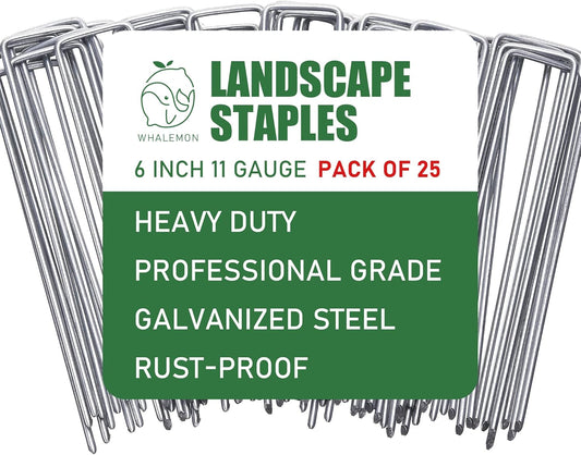 25 Pack Landscape Staples 6 Inches 11 Gauge Stakes, Galvanized Garden Stakes U-Shaped Pins and Landscaping Staples for Sod Anchoring Landscape Fabric Irrigation Tubing