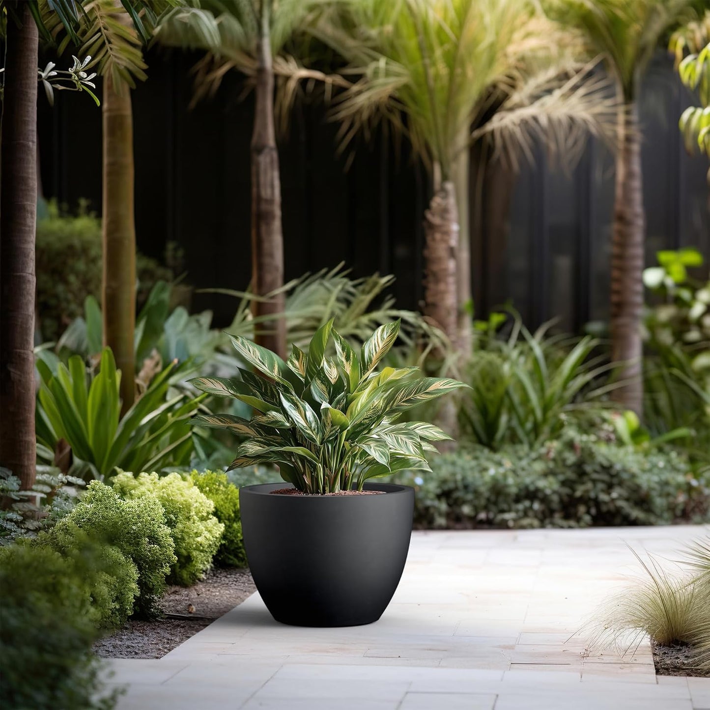 Kante 17.3 Inch Round Concrete Planter - Classic Large Indoor/Outdoor Plant Pot with Drainage Hole and Rubber Plug, Suitable for Gardens and Patios, Black