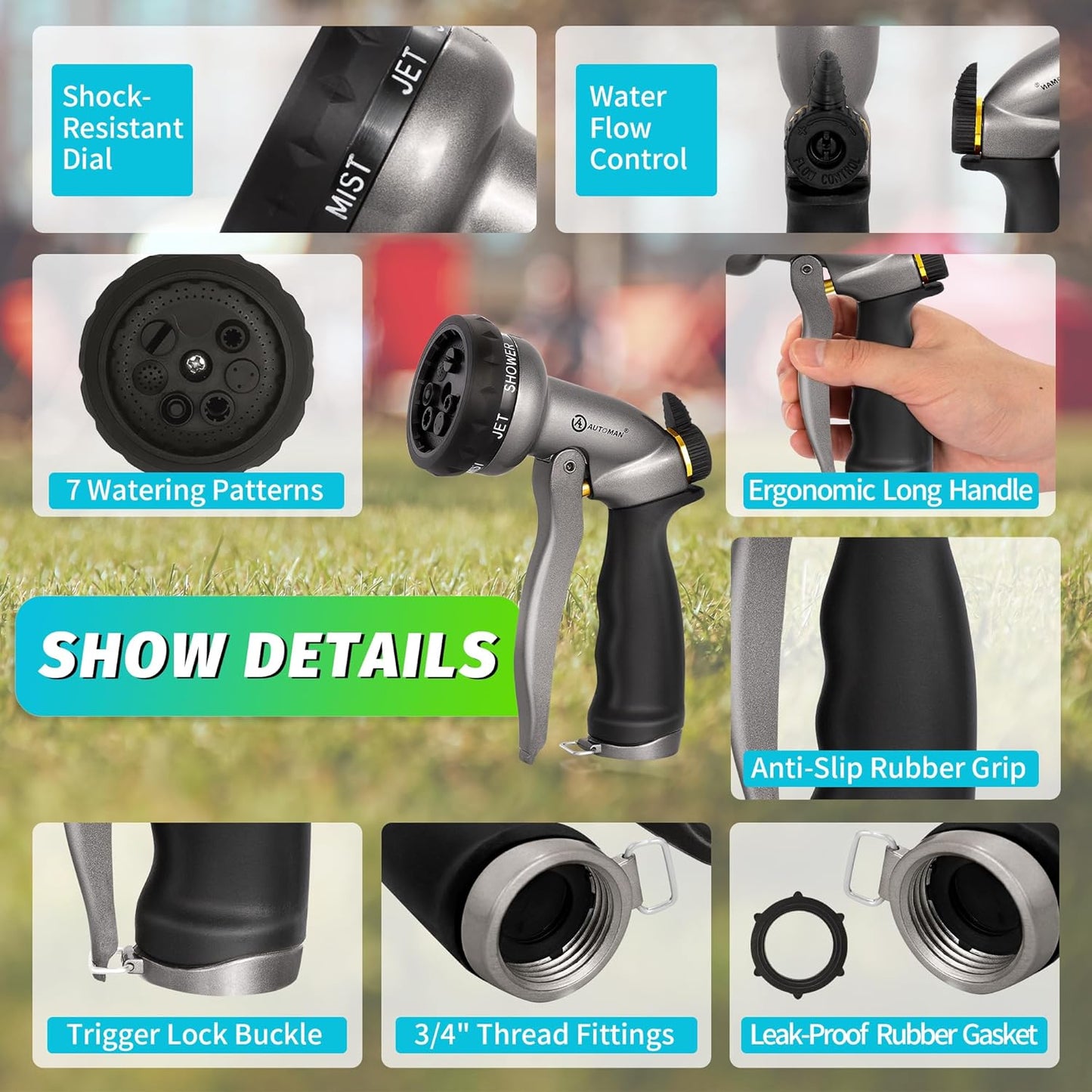 AUTOMAN Garden Hose Nozzle - 7 Patterns Sprayer, 100% Metal High Pressure Spray Nozzle, Labor-Saving Design, Heavy Duty Water Hose Nozzle for Garden Watering, Car Washing, Window Cleaning,Pets Bathing