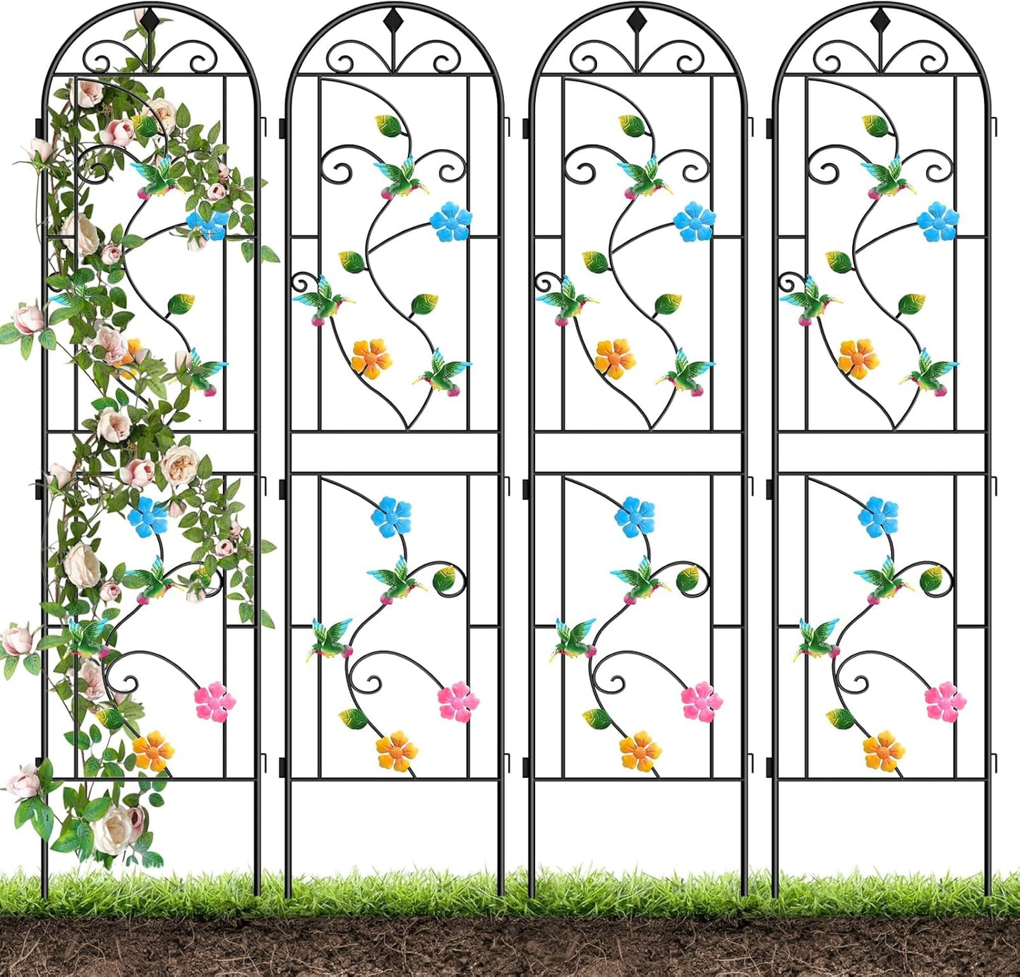 87 Inch Metal Garden Trellis for Climbing Plants, Kalolary 4 Pack Colorful Hummingbird Plant Trellis Support Decoration Arched Fence Trellis Outdoor for Patio Lawn Garden Yard Backyard Wall