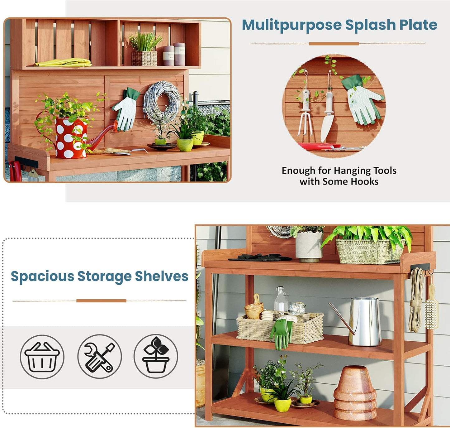 65" Wooden Potting Bench with 4 Shelves & Side Hook - Farmhouse Style Outdoor Garden Workstation (Natural + Solid Wood + Timber)