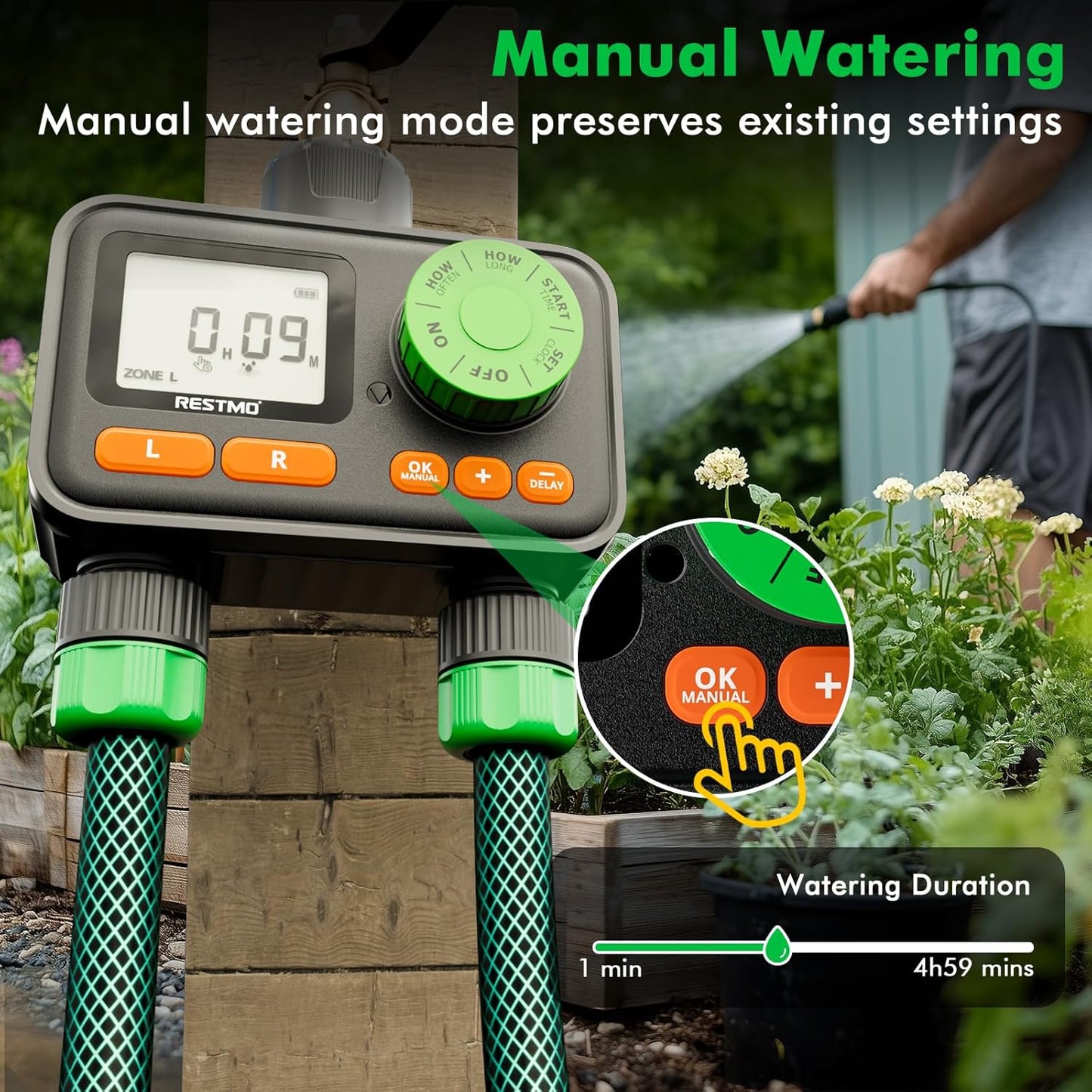 [2 Pack] RESTMO 2 Zone Sprinkler Timer, Programmable Water Timer for Garden Hose, Automatic Digital Control | Manual ON/Off | Rain Delay for Outdoor Faucet, Drip Irrigation and Lawn Watering System