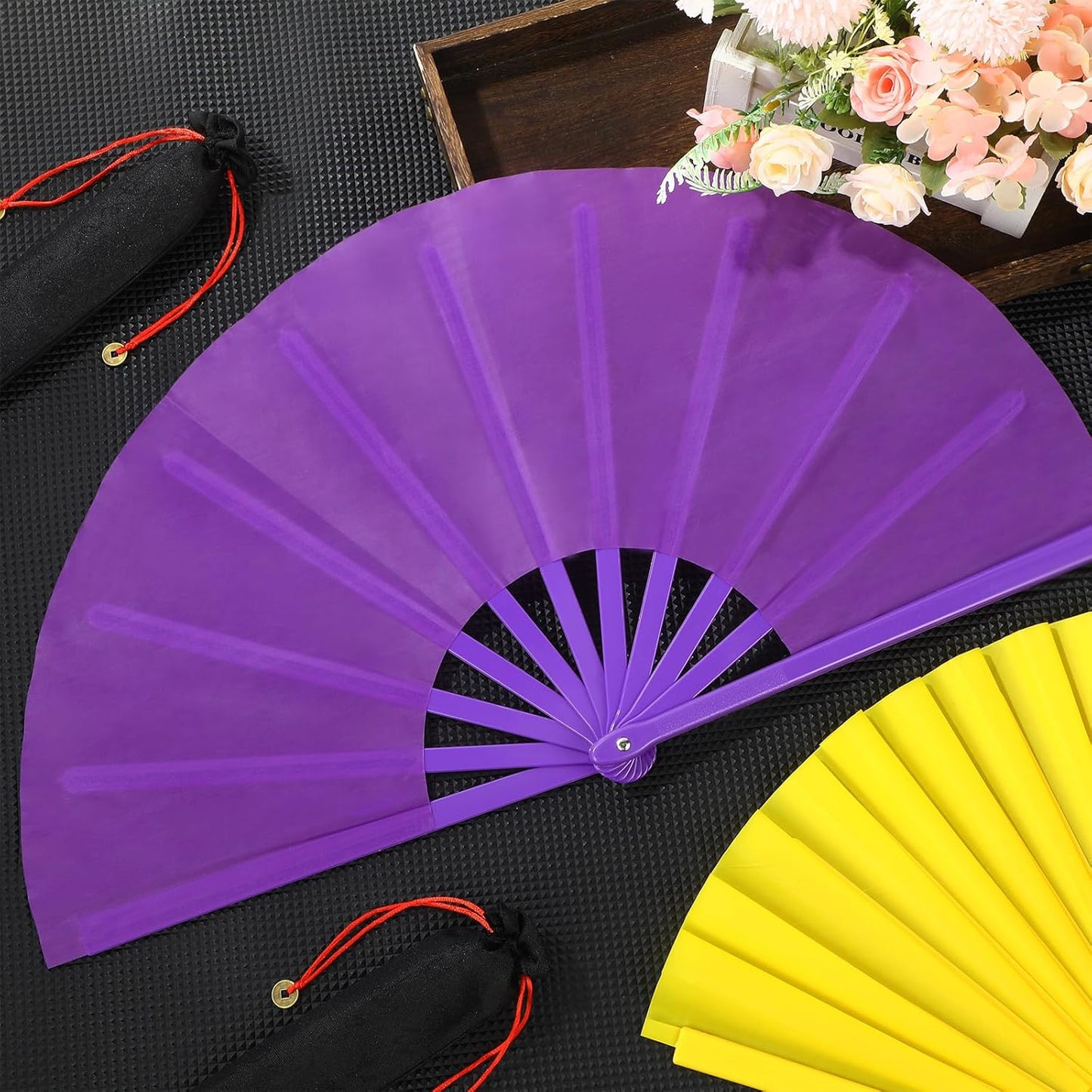 Maitys 2 Packs Large Clap Fans for Line Dancing Large Chinese Folding Hand Fans for Men and Women, Festival, Tai Ji, Kungfu, Martial Art, Gifts (Purple and Yellow)