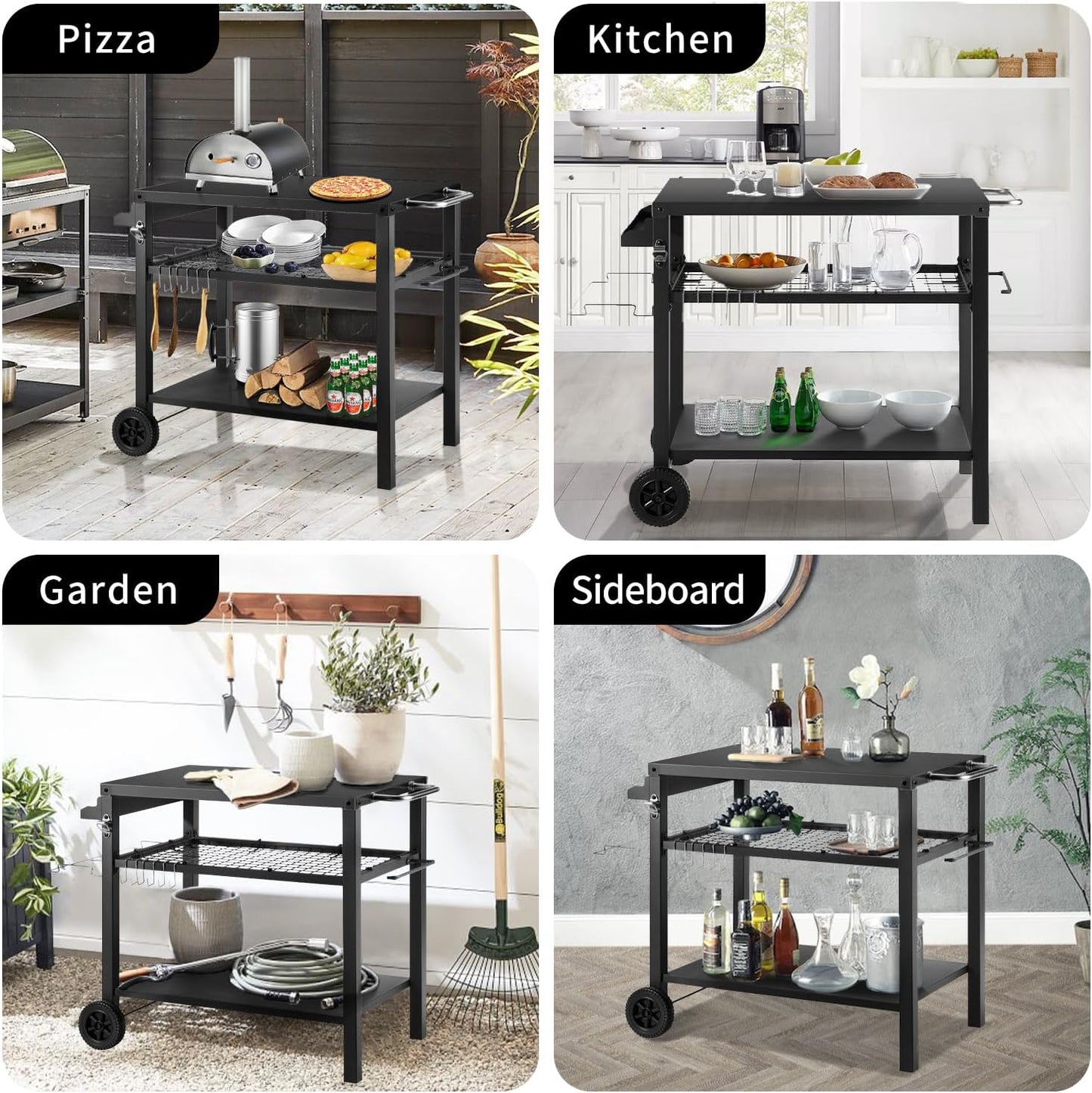 Grill Cart Table with Three Shelf, Movable Outdoor Dining Cart Pizza Oven Stand with Three Hooks, Kitchen Cart Island Multifunction Food Prep Table (Black)