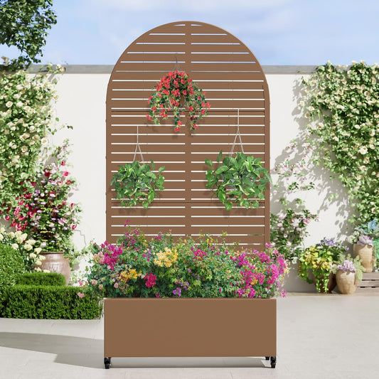 Casaphoria Metal Raised Garden Bed with Trellis and Wheels, 72"x35"x16" Arched Planter Box for Climbing Plants, Vegetables & Vines, Features Drainage Holes and Privacy Screen (Brown-Louvered)