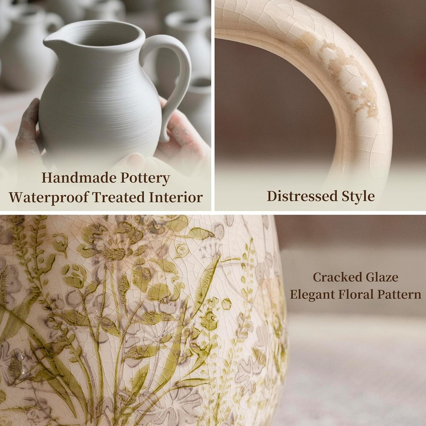 Vintage Green and Beige Ceramic Pitcher Vase with Handle, Farmhouse Floral Decorative Vase, Rustic Table Centerpiece for Home Decor, Living Room, French Country Grand Millennial Decor 8.7 in