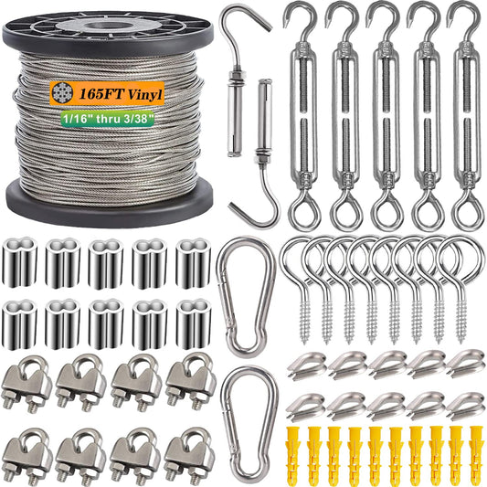 1/16 Wire Rope Kit, Steel Wire Cable, 7x7 Strand Core,165ft Vinyl Coated Stainless Steel Cable Wire for Outdoor Hanging, Climbing, Garden,Craft with Turnbuckle