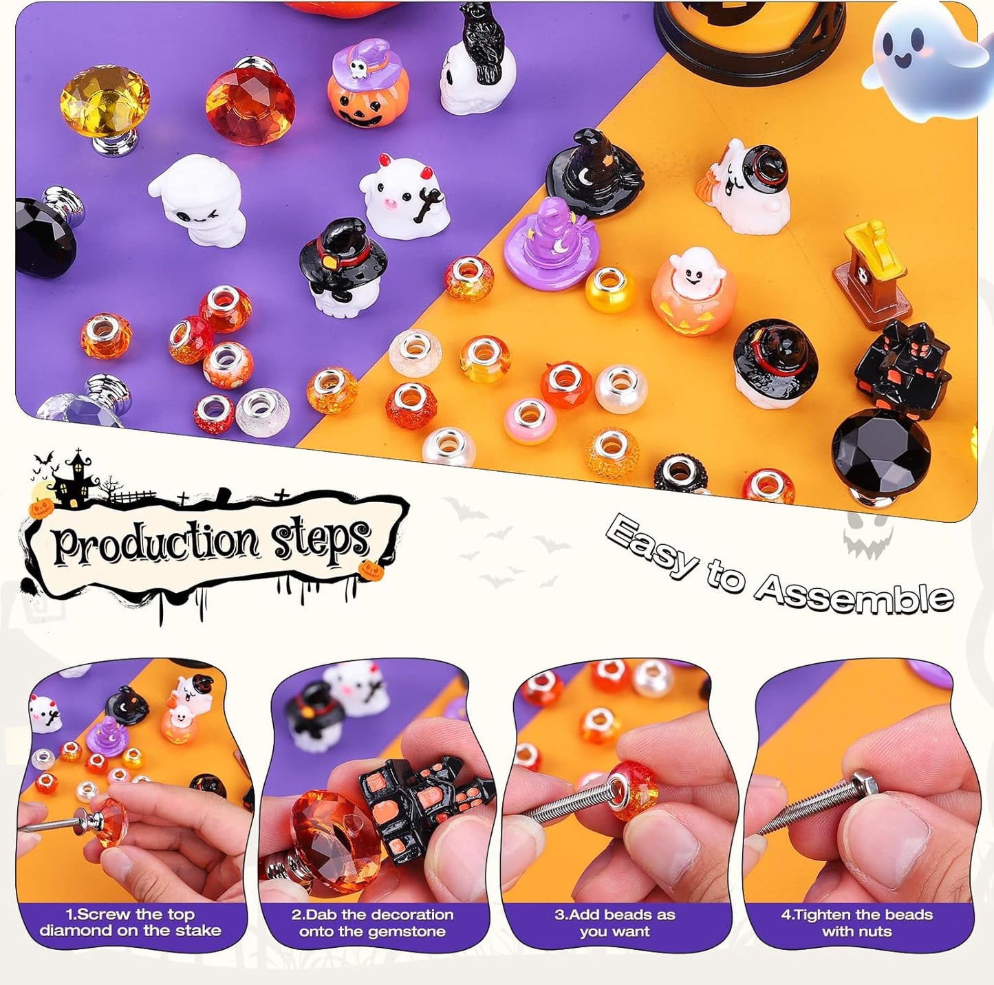 358PCS Halloween Beaded Garden Stakes, DIY Halloween Fairy Wand Garden Stake Decorative Kit with 12 in or 10 in Threaded Rod, Crystal Top, Large Holes Bead, Pendant for Outdoor or Indoor Decoration