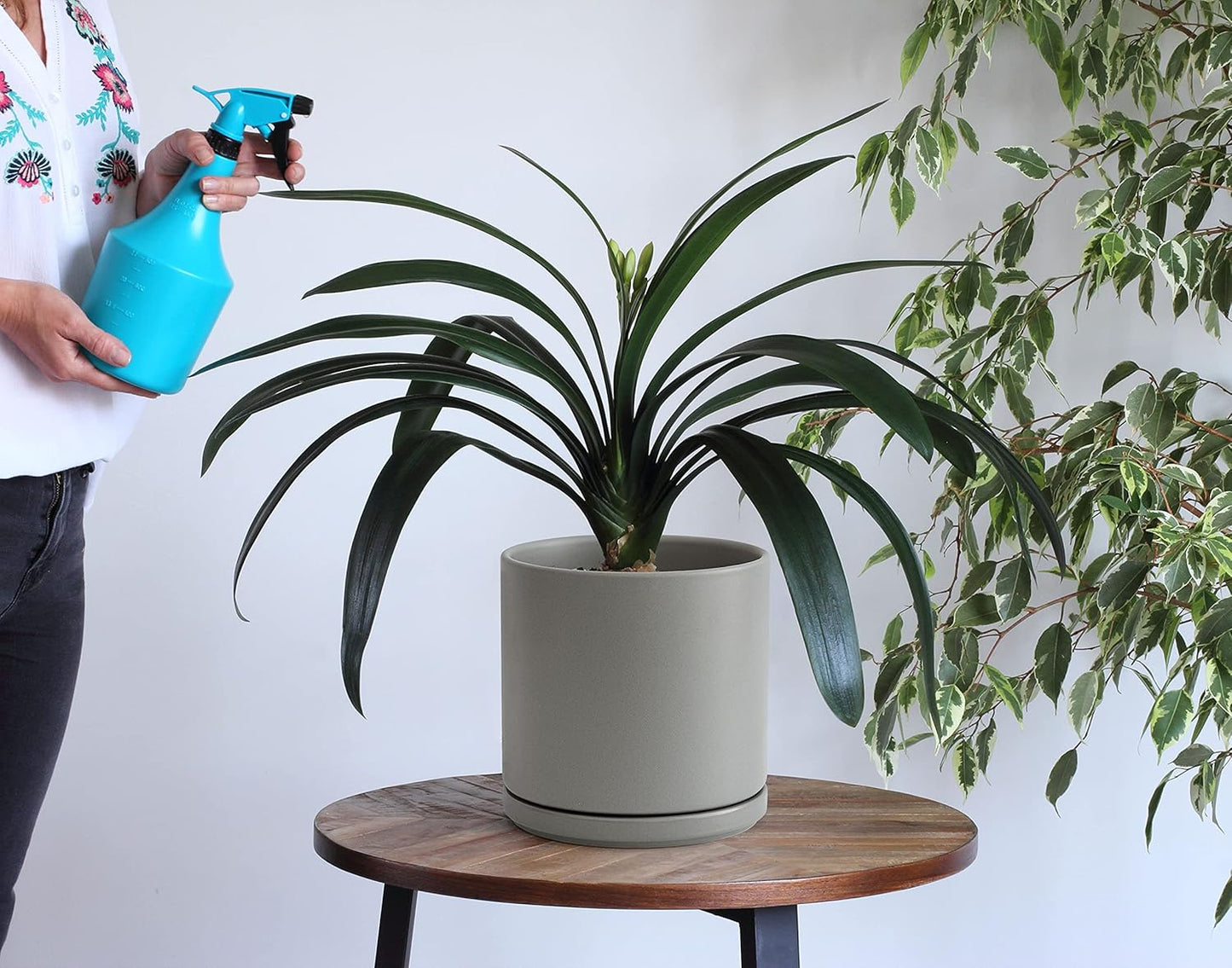 D'vine Dev 10 Inch Ceramic Planter Pot with Drainage Hole and Saucer, Indoor Cylinder Round Planter Pot, Grey, 94-O-E-3