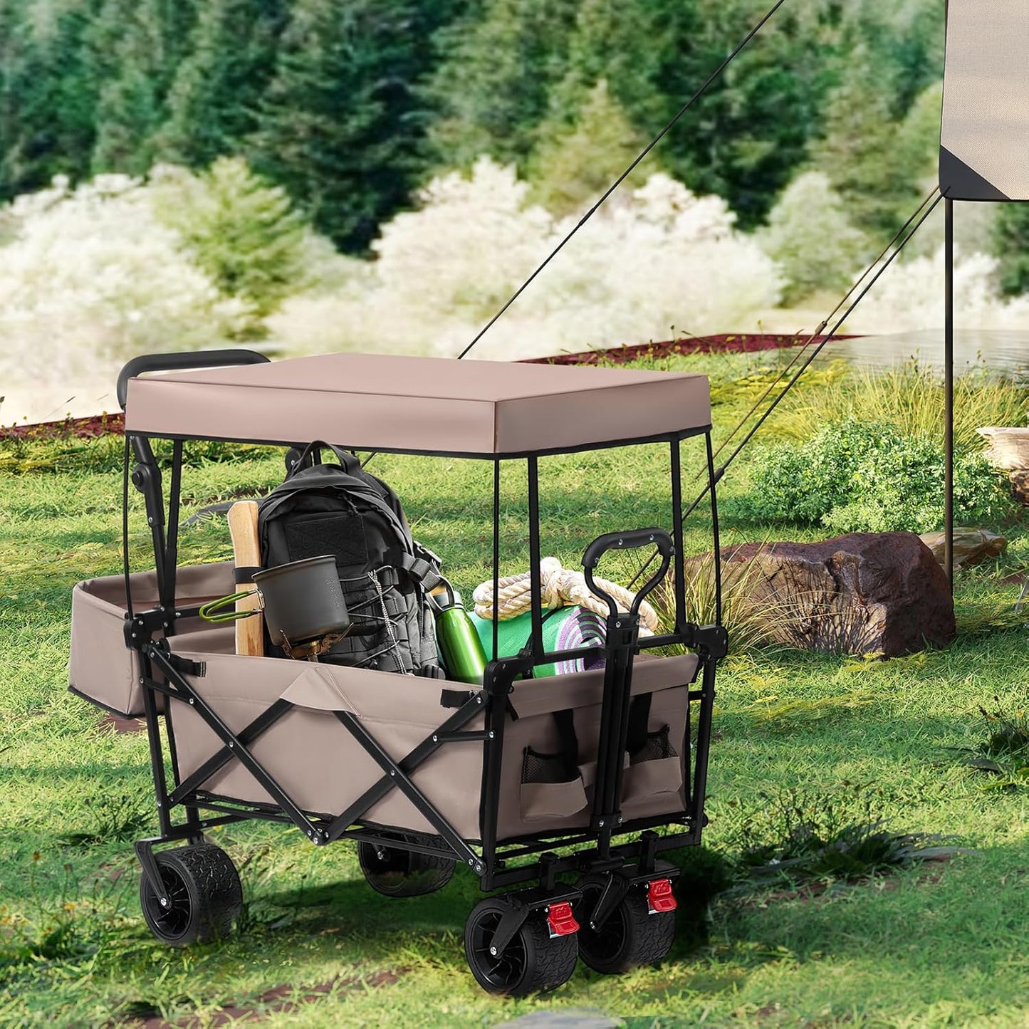 ALIMORDEN Foldable Canopy Wagon Garden Cart, Heavy Duty Outdoor Utility Collapsible Tool Cart with Removable Canopy and Big Wheels, Khaki