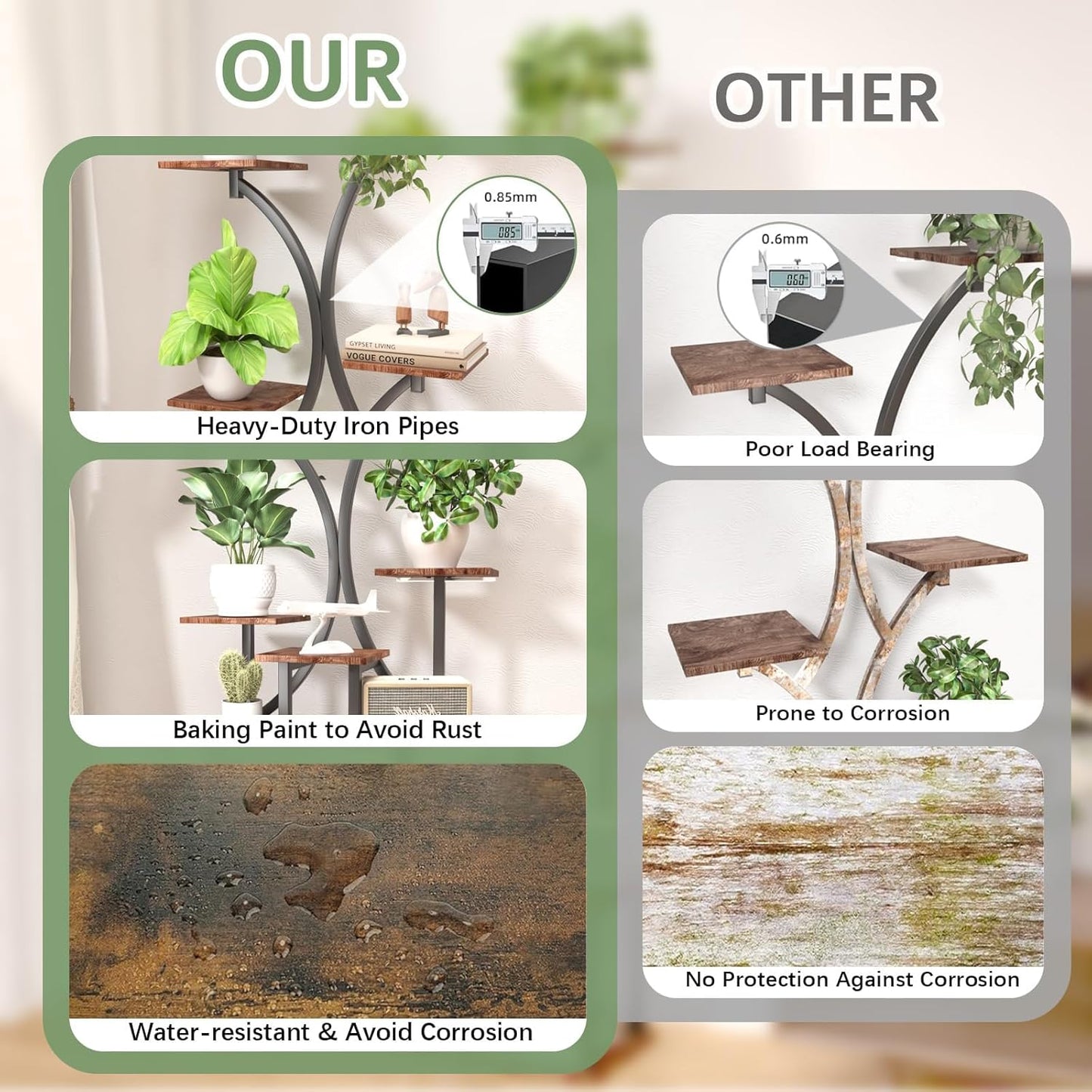 65 inch Plant Stand Indoor with Grow Lights, 9 Tiered Metal Plant Stands Indoor, Tall Plant Shelf for Multiple Plants, for Living Room, Patio Balcony or Office (Rustic Brown)