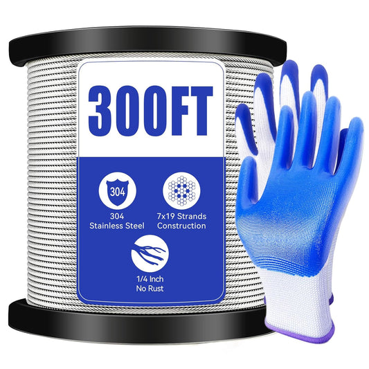 1/4" Stainless Steel Cable,7x19 Strand Aircraft Wire Rope,Cable for Heavy Duty Applications,Zip Iine and Outdoor Pulley Cables,Deck Railing, with Gloves,Breaking Strength 6400 Ibs,300FT